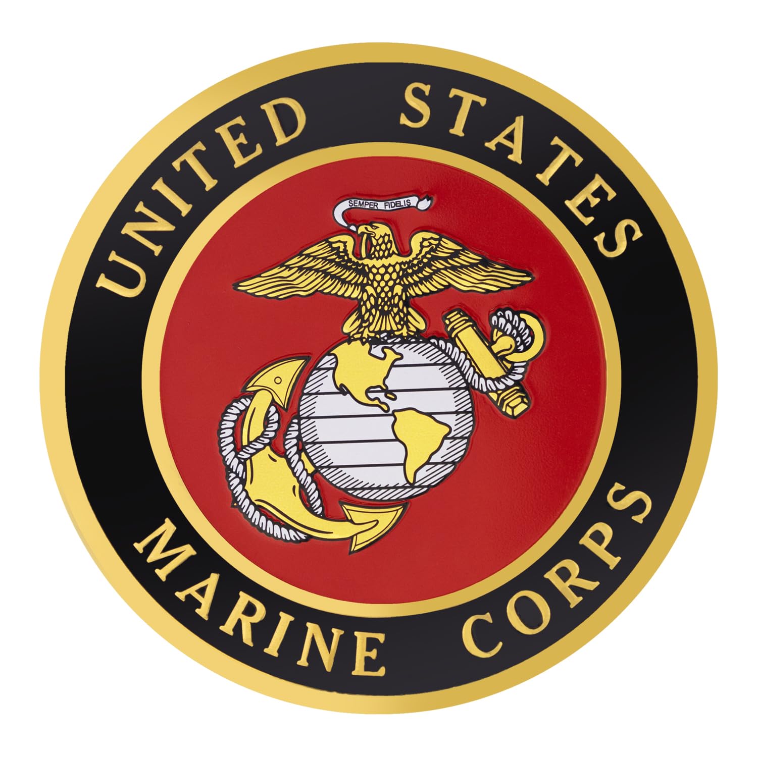 SHOP AWARDS AND GIFTS 4 Inch Round Embossed United States Marine Corps Shield Emblem Medallion, Metal Decal Adhesive Sticker, Peel and Stick Back, Honor Service Members, Veterans, Family, Pack of 1