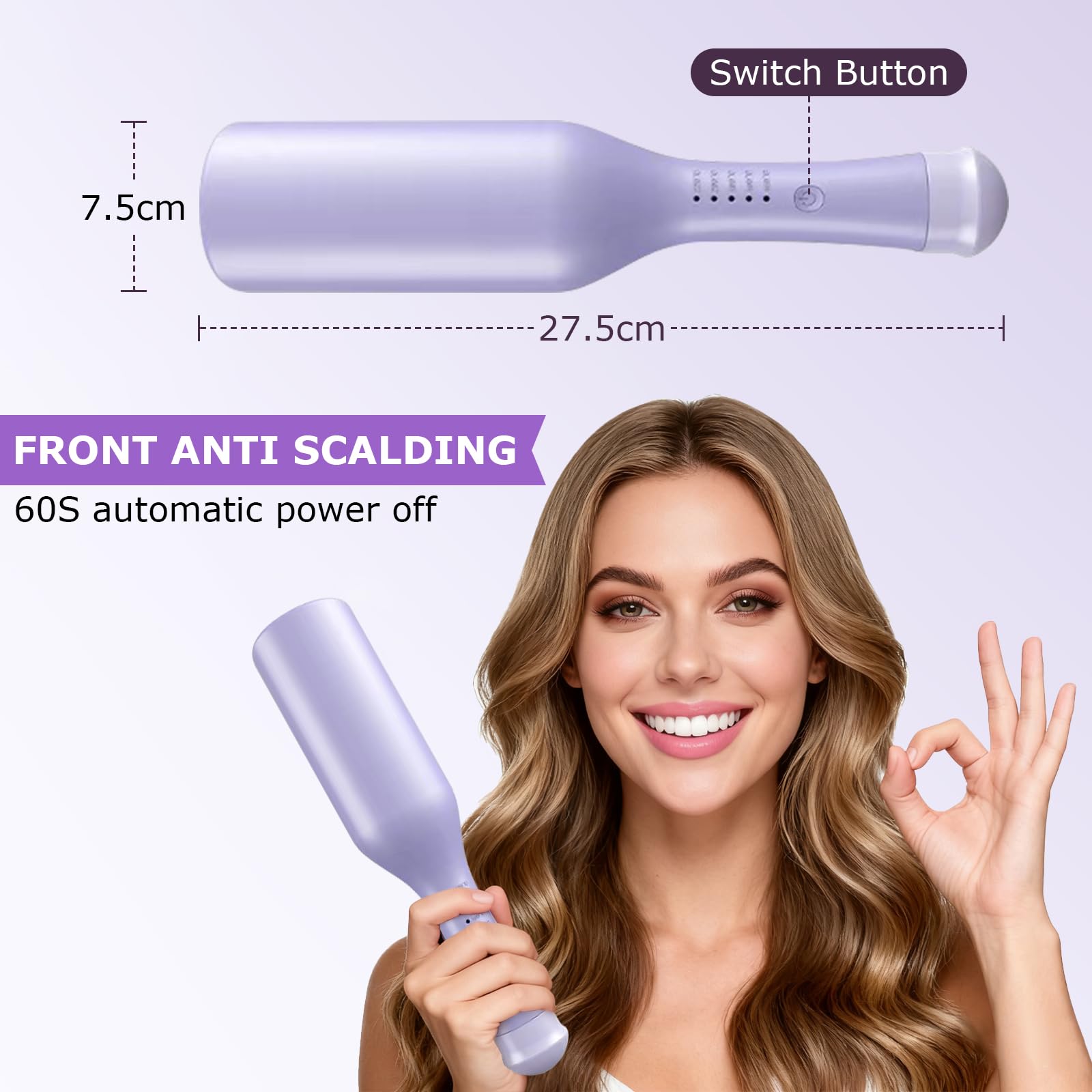 Rizador de Pelo, 32mm Rizador Pelo Ondas, 2 Barriles Ondulador de Pelo Iónico, 5 Temperatura Ajustable, Anti-Escaldaduras Rizador Francés, Plancha Ondas para Grandes Rizos (Morado)