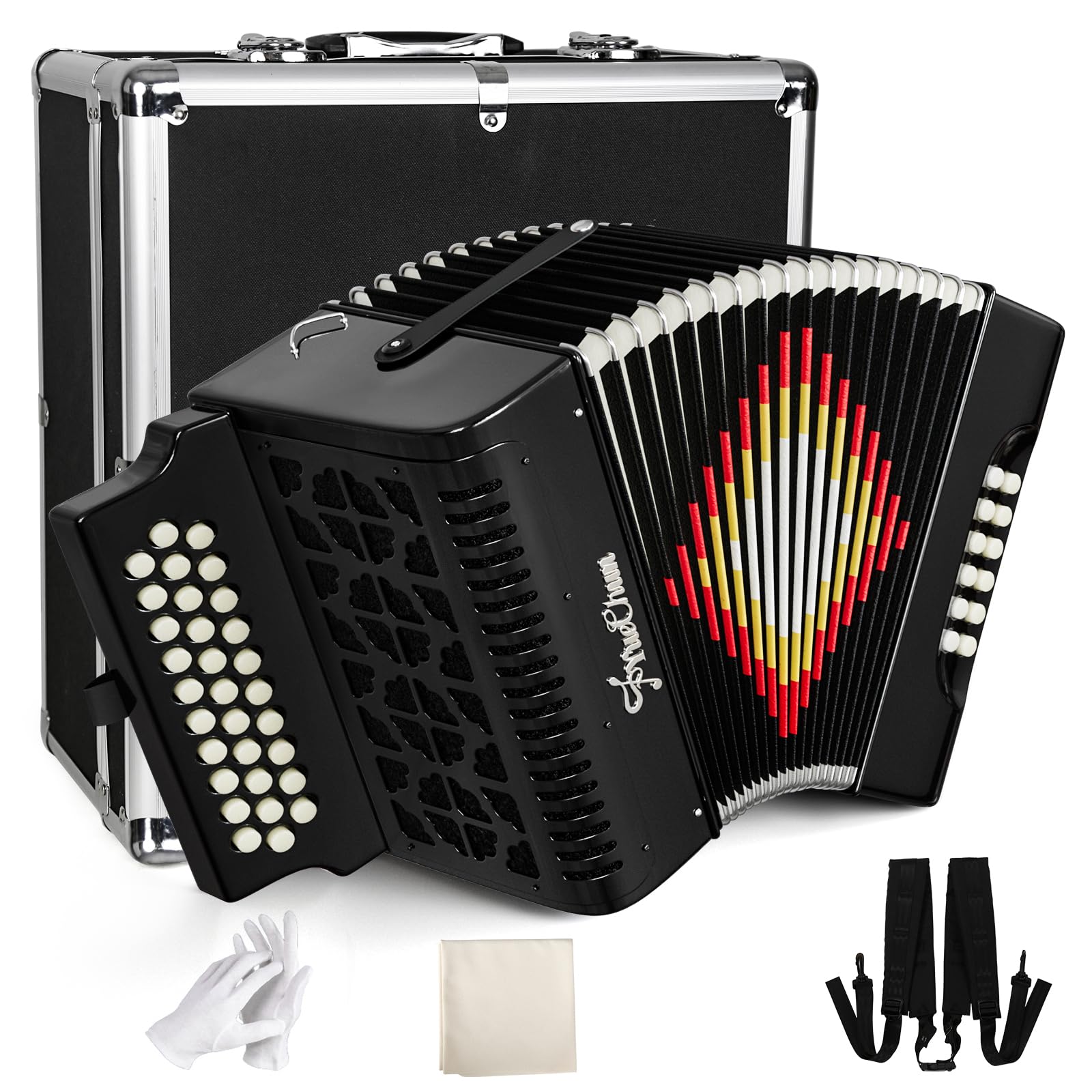 Accordion,31 Keys 12 Bass Accordion, Adult Accordion,Superior Material,Standard Tone, Professional Accordion Comes With Carrying Case, Wiping Cloth, Gloves(black)