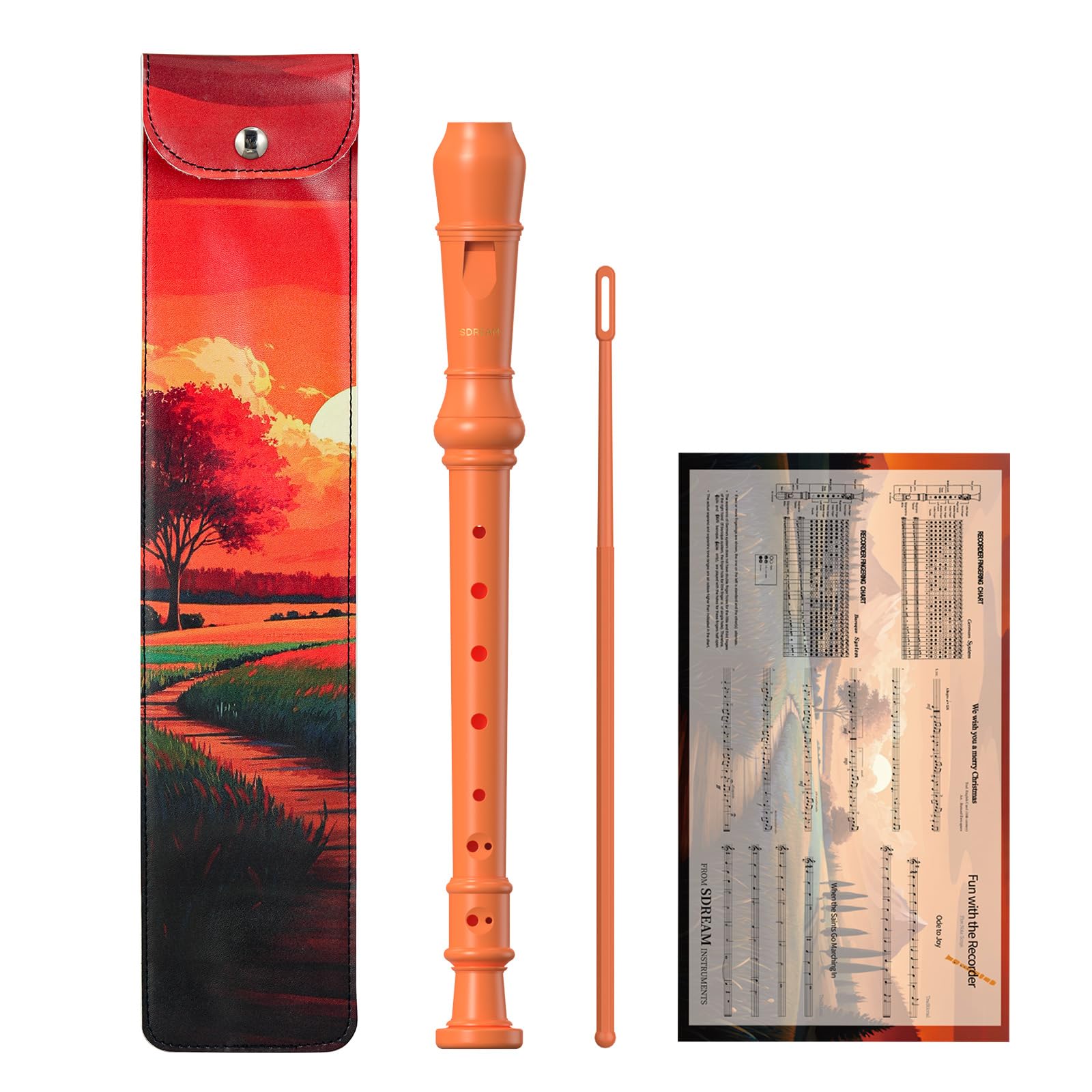 SDREAM Sopran-Blockflöteninstrument für Anfänger und Schüler, mit Reinigungsstab und Ledertasche, Orange