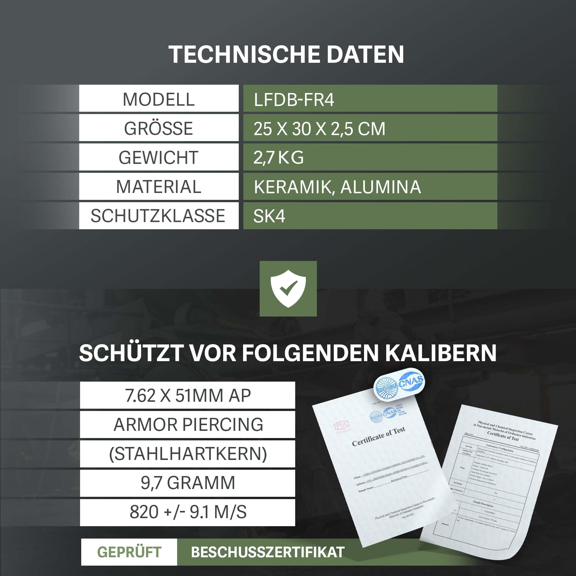 SK4 NIJ IV Platte Schutzplatte STA Einschubplatte für schusssichere Weste Plattenträger Plate Carrier taktischen Einsatz