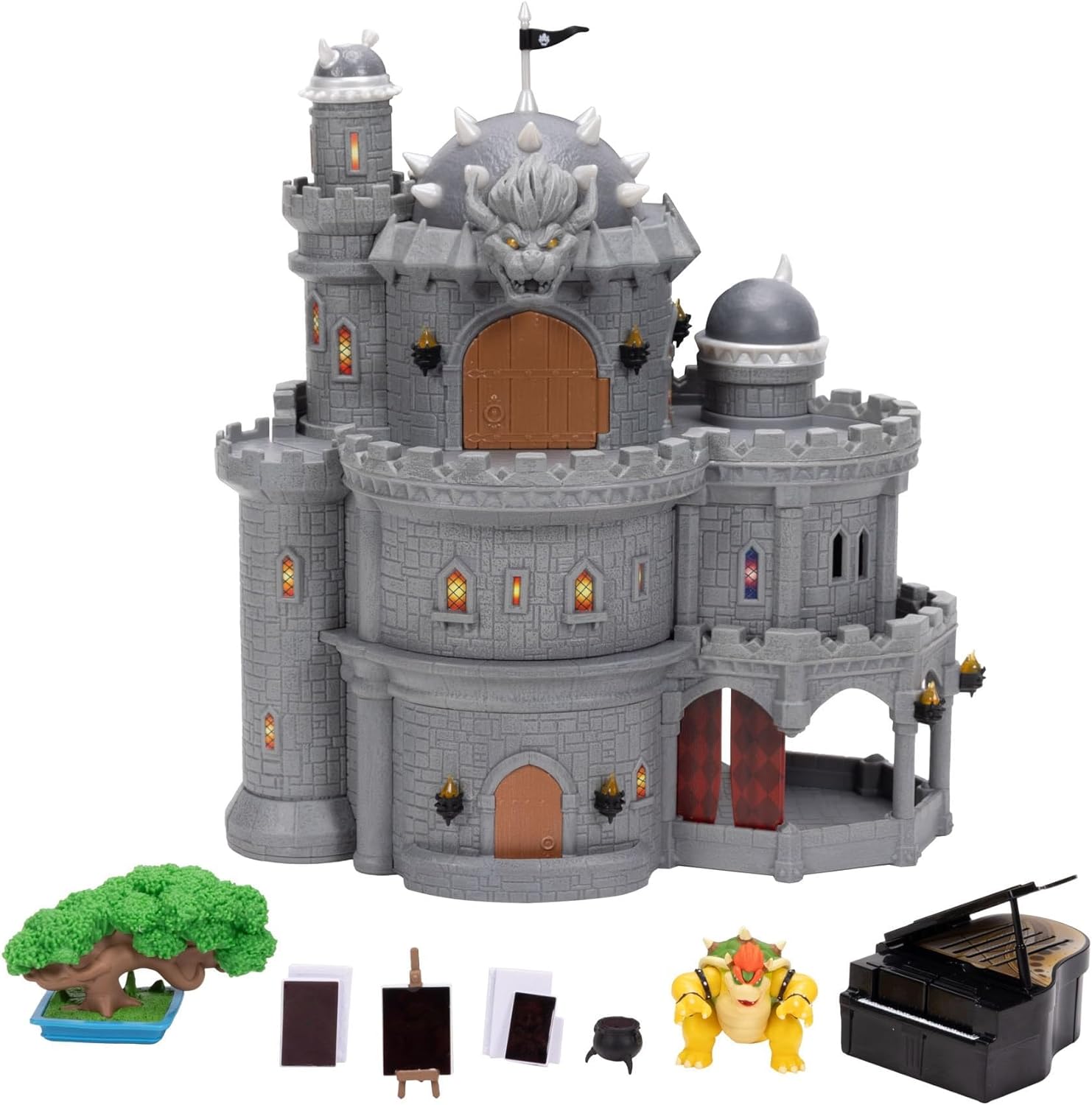 The Super Mario Galaxy Movie – 12" Deluxe Three-Story Bowser Castle Playset with 1.5” Bowser Figure, Piano, Bonsai Tree, Heat-Activated Paintings and More!