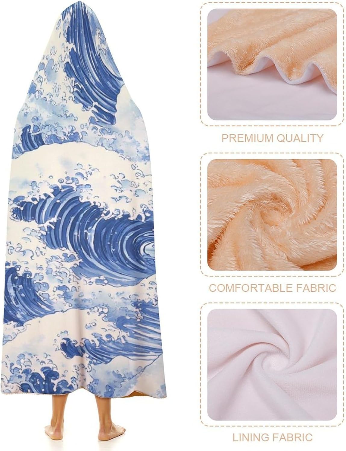 Japanese Ocean Waves Fashion Wearable Blanket Hoodie Fleece Throw Cloak Robe Unisex