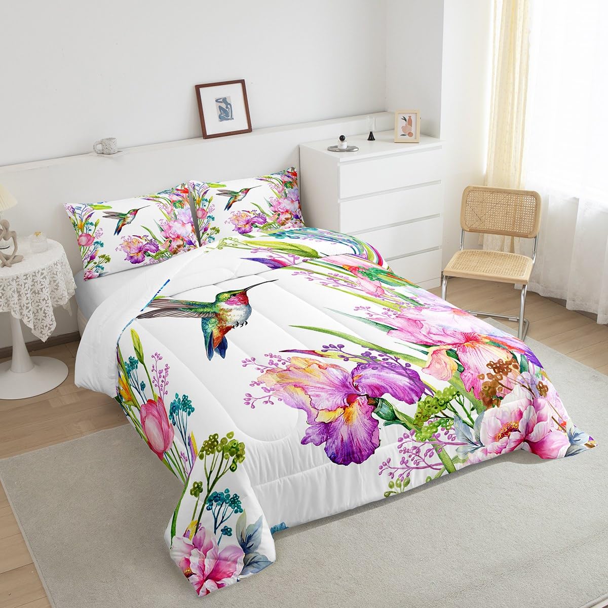 Floral Bedding Sets - Hummingbird Iris Flowers Comforter -4