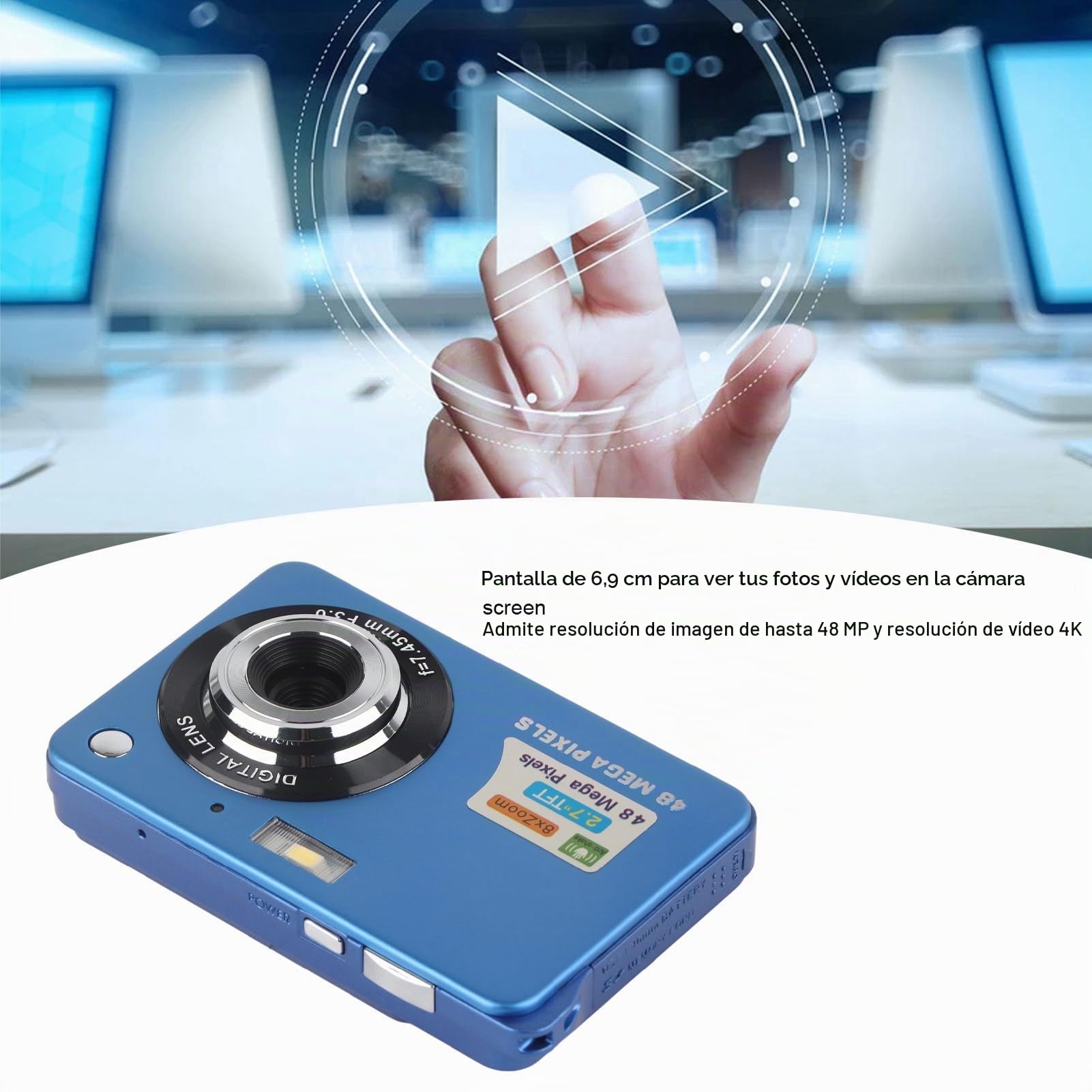 Cámara Digital 4K, 1080P FHD 44MP con Pantalla LCD de 2,7", Zoom de 8X Cámara Compacta, Cámara Portátil Antivibración con Cordón y Bolsa para Niños, Estudiantes y Principiantes (Azul)