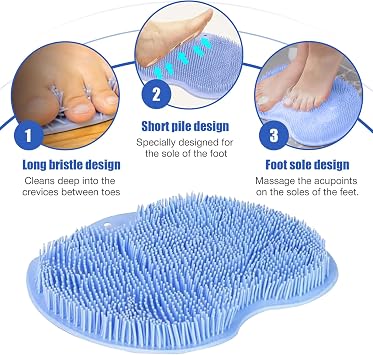 Hands-Free Silicone Foot Scrubber Mat CleanFootFlex with Suction Cups Deep Cleaning Foot Brush & Back Massager Pad, Anti-Slip Foot Scrubber Mat for Shower Floor (Blue)