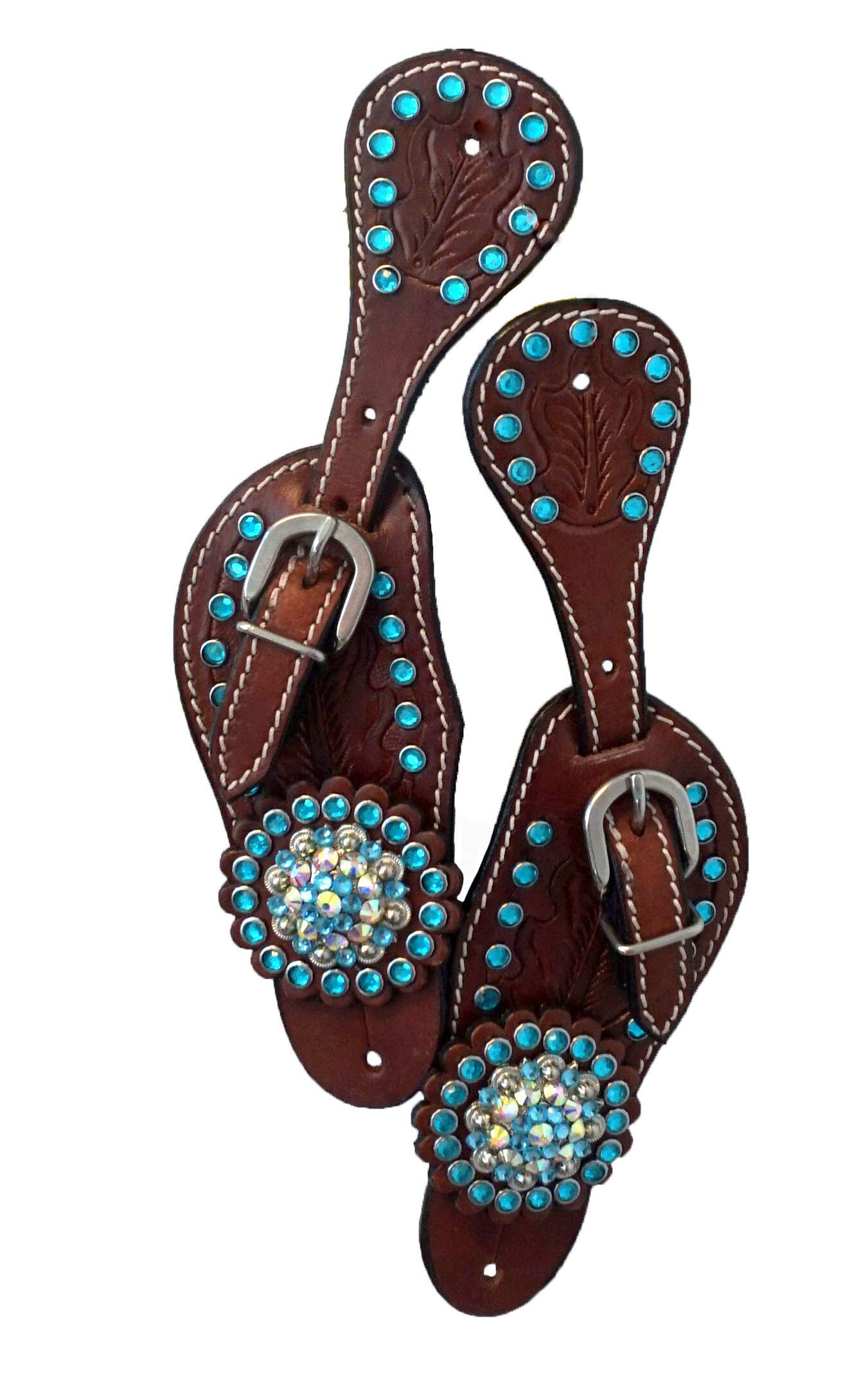 Equitem Medium Brown Tooled Leather Spur Straps with Teal Blue Crystal Conchos (Youth 7