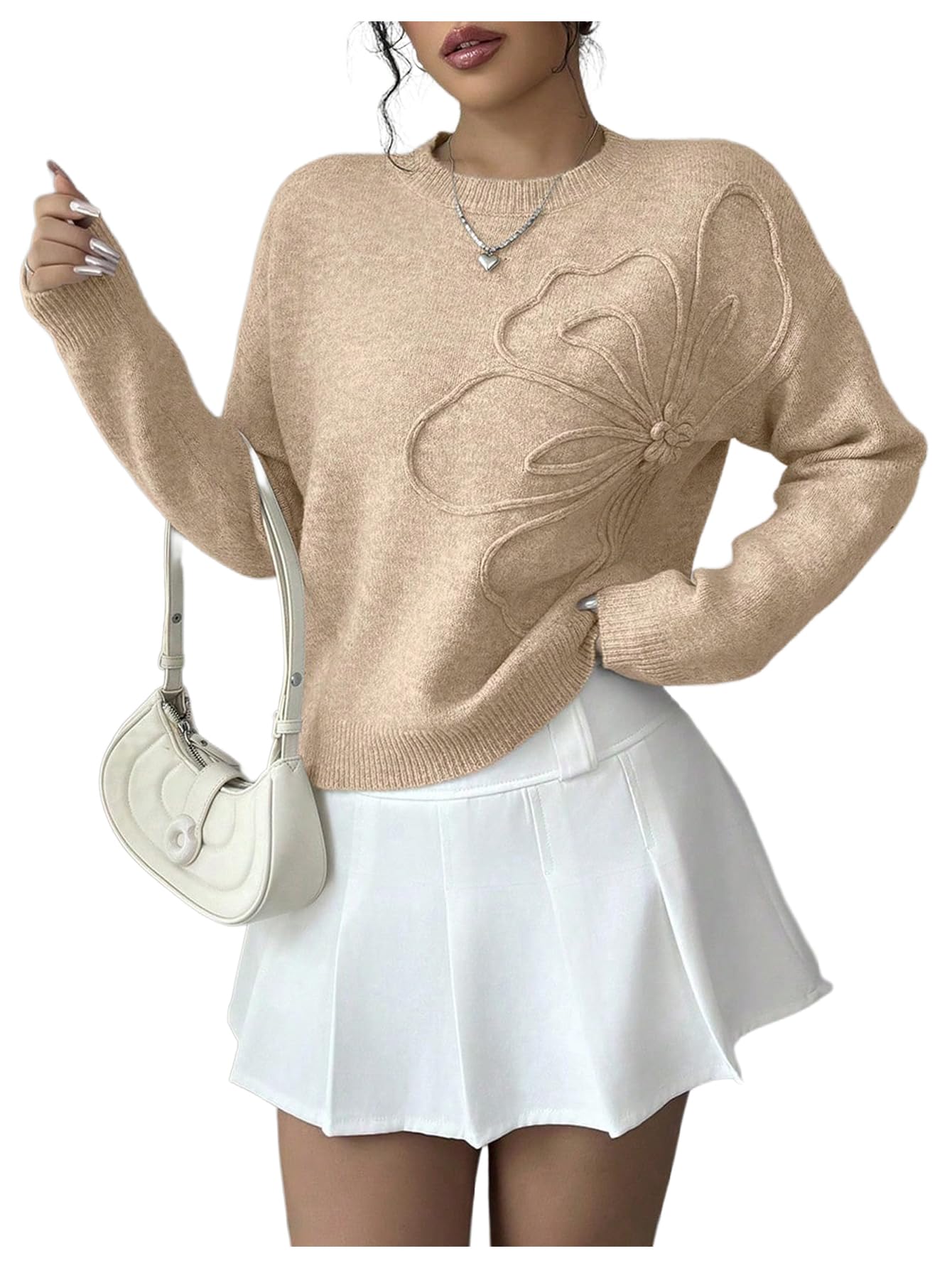 RoseSeek Women's 3D Floral Appliques Sweaters Long Sleeve Knit Tops