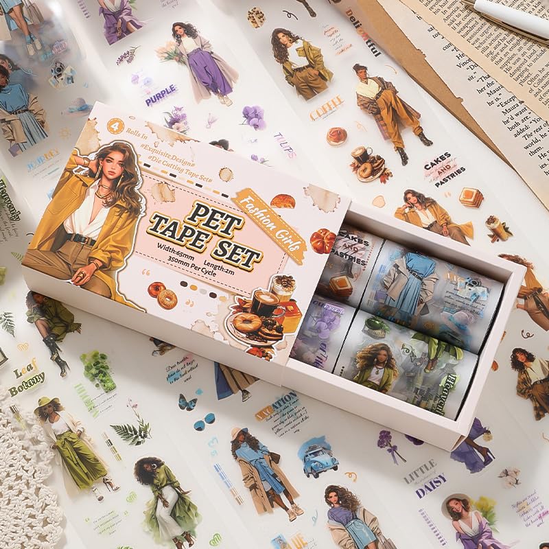 Auguro 4 Rolls PET Tapes Pre-Cut Washi Tape Stickers for Scrapbooking People Stickers Tape journaling Girl Pattern Tape Sticker Sticker Rolls for Scrapbooking