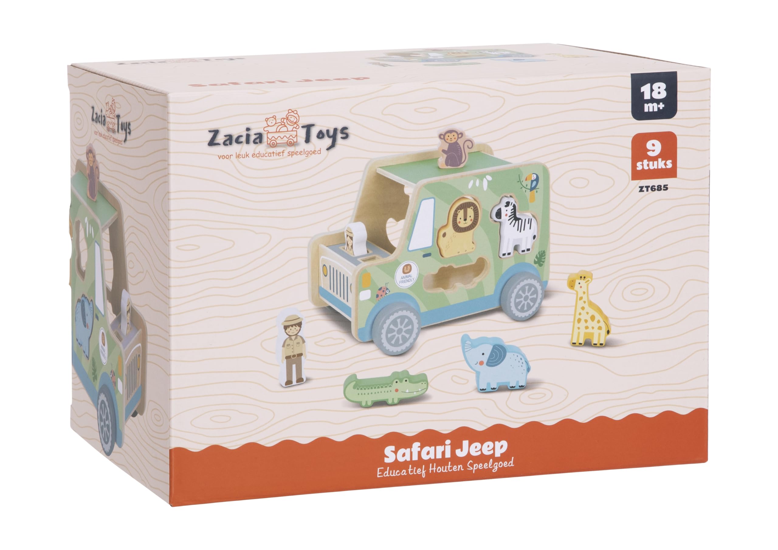 ZaciaToys® Drewniany Safari Jeep, sortownik kształtów i zestaw do zabawy dla zwierząt, edukacyjne zabawki drewniane dla małych dzieci, 8 figurek Safari, od 1 roku życia