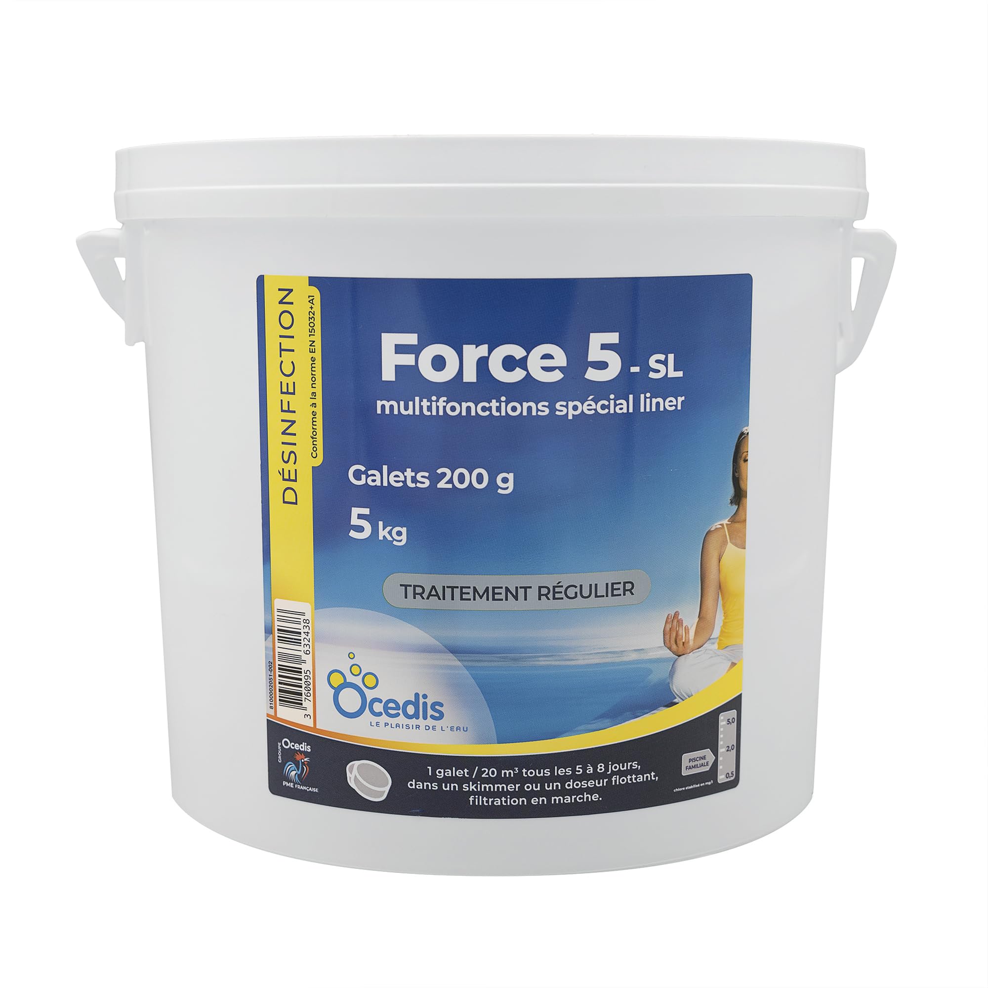 OCEDIS Force 5 - SL Multifonctions Spécial Liner Galets 200g - 5kg | Chlore Lent Stabilisé Multiaction - Désinfection Régulière Multifonction - sans sulfate de cuivre + 10 Tests HPS OFFERTS 6 en 1