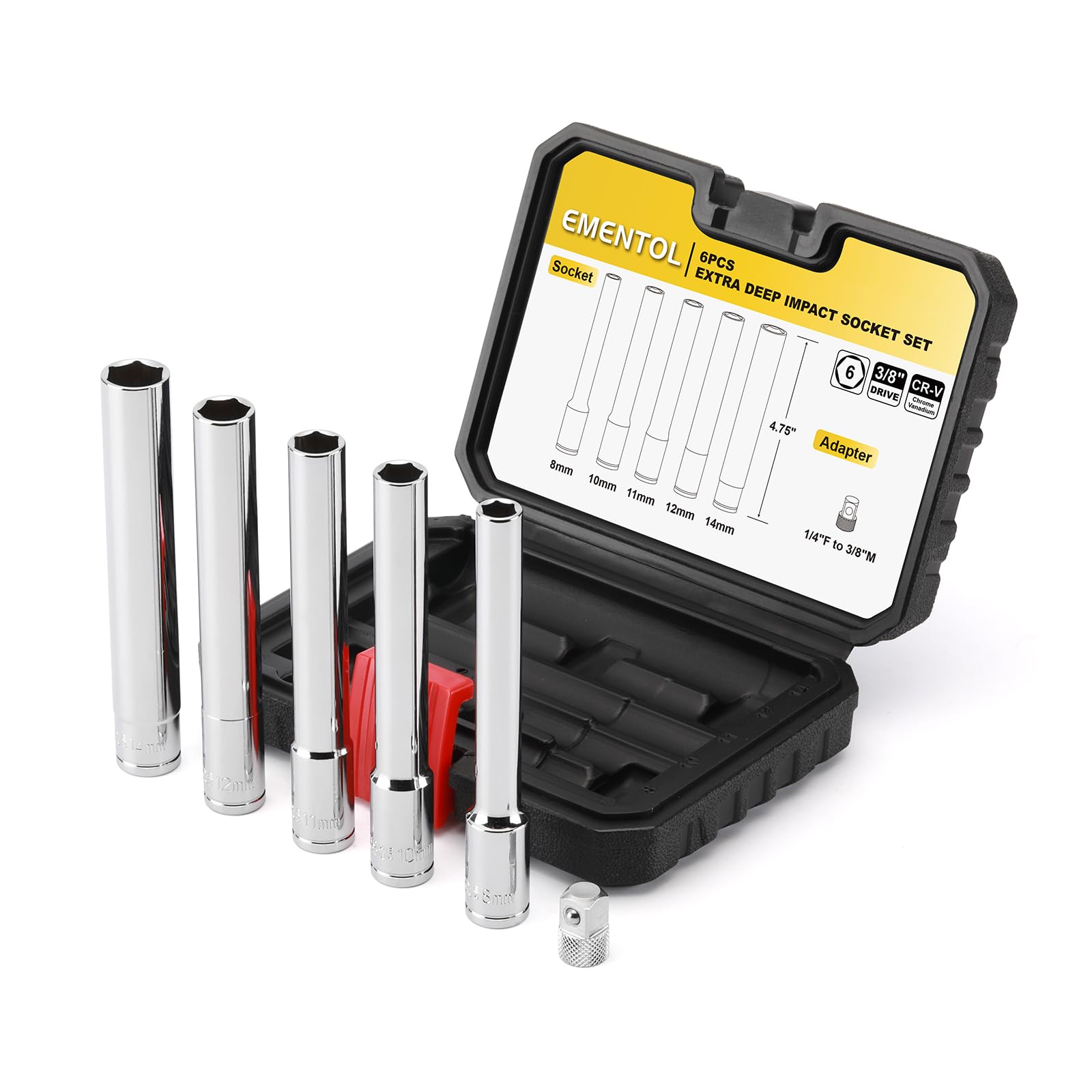 EMENTOL 6PCS 3/8-Inch Drive Metric Deep Socket Set, 8-14MM Deep Sockets&1/4-inch F-3/8-inch M Socket Adapter, Extra Long, 6-point