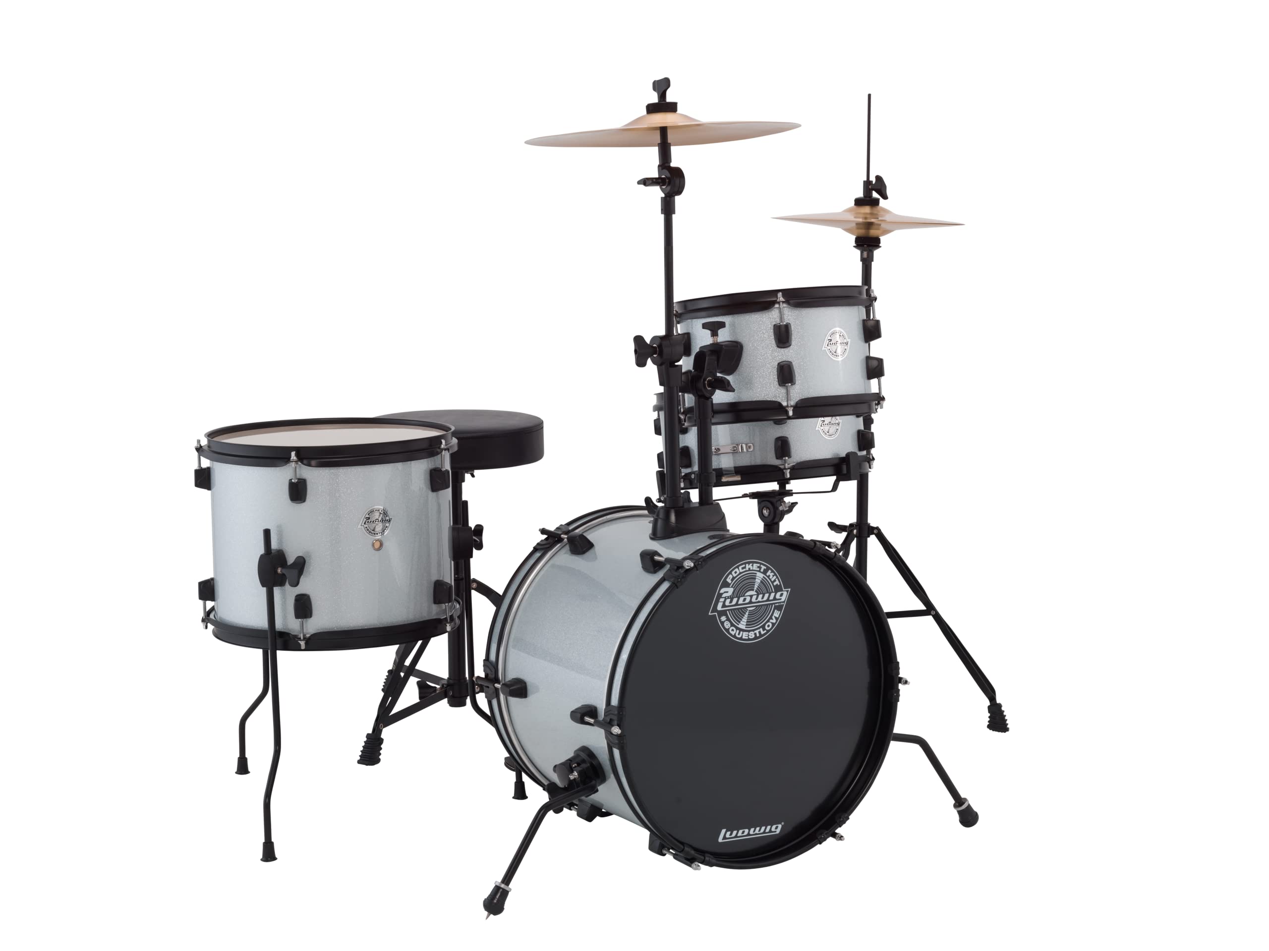 Ludwig Pocket Kit von Questlove | All-in-One-Schlagzeug für Einsteiger | Mit 4 Trommeln, Hi-Hats, Crash/Ride-Becken, Pedalen, Hocker und Drumsticks | Lackierung White Sparkle (LC178X029)