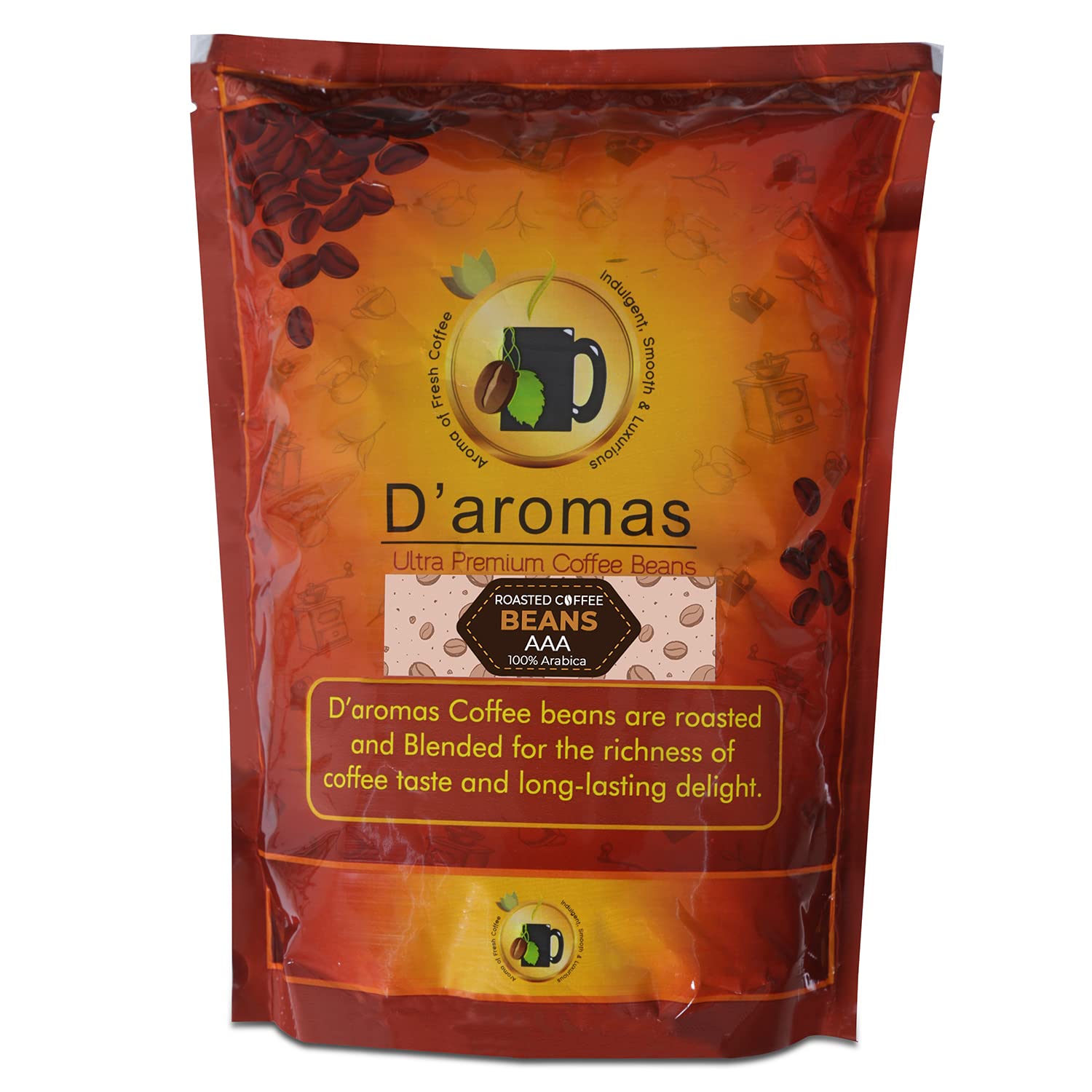 D'aromas AAA Roasted Coffee Beans 500gm With Bold Flavour & Rich Aroma, Medium To Dark Roasted Coffee Beans, 100% Arabica AAA (Pack Of 1)