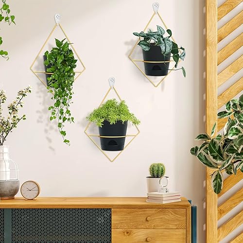 Miniatura 2 de Juego de 3 macetas colgantes con soporte geométrico de metal, moderna maceta montada en la pared para suculentas, plantas de aire, cactus,