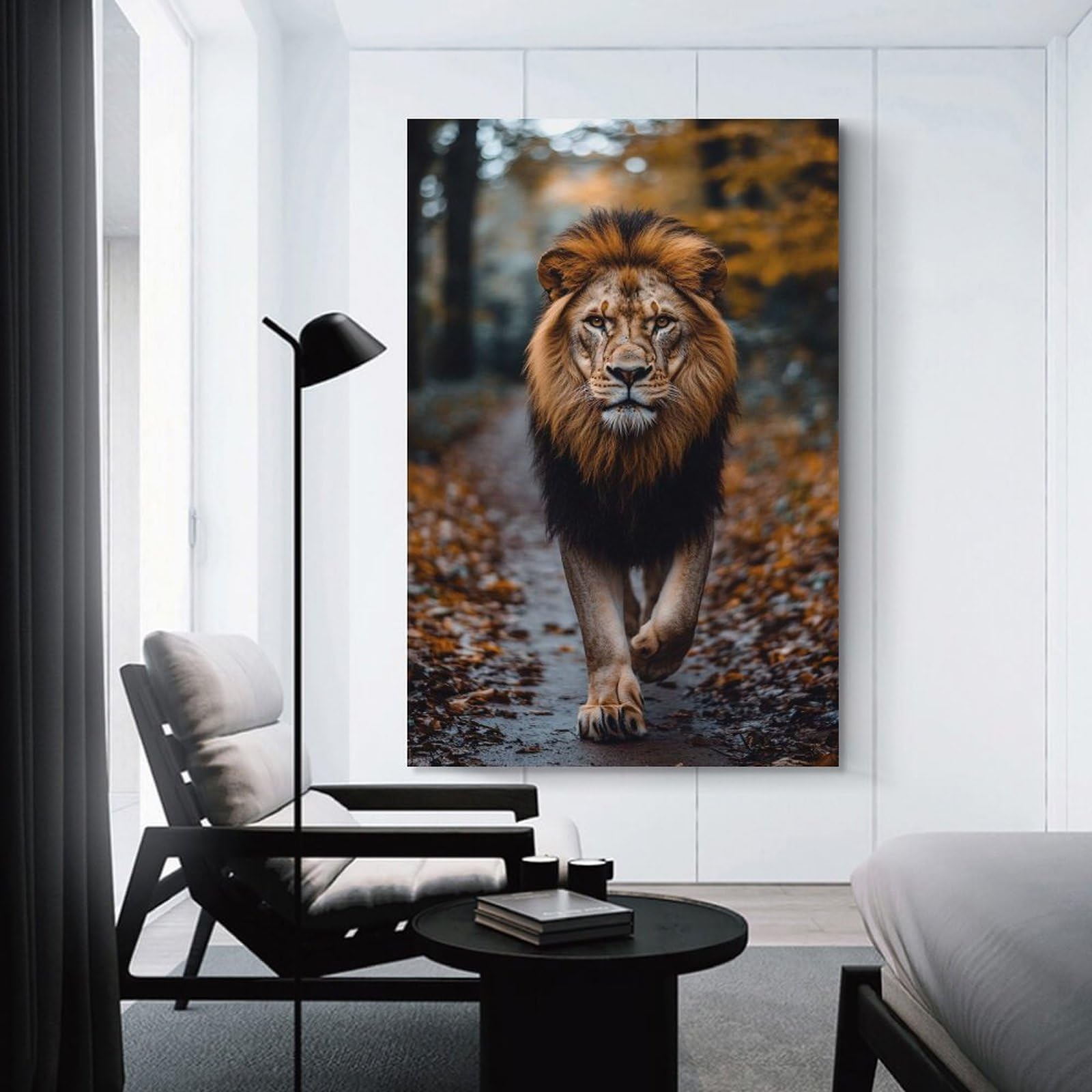 Junmoney Majestic Lion Walking Through Autumn Forest Canvas Wall Art 24x36inch(60x90cm), for Work Areas, Reading Rooms Or Studios, A Smart Decor Choice for Study Walls