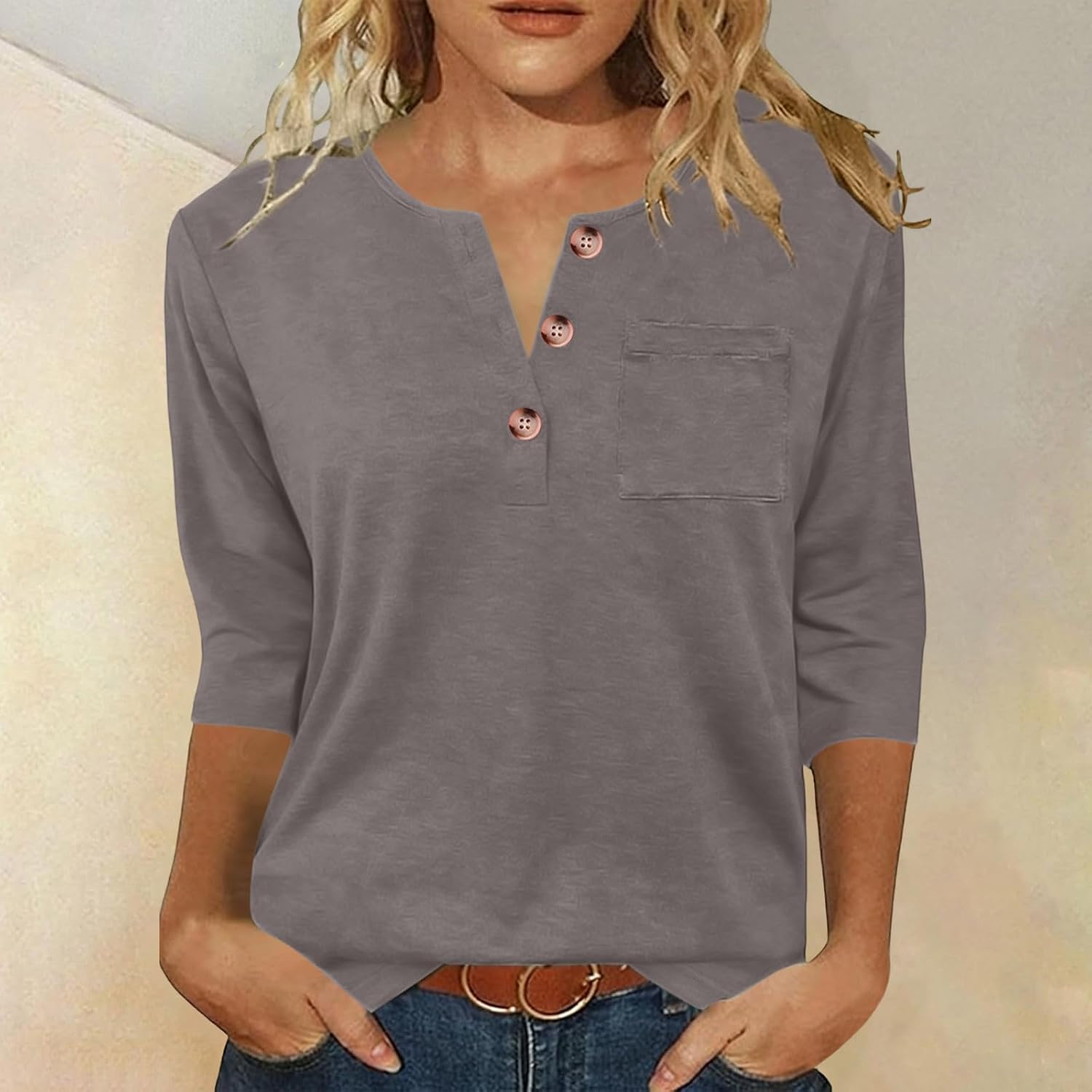 Womens Long Sleeve Tops Fall Clothing V Neck Casual Shirts Button Dressy 3/4 Blouses Loose Fit Tunics