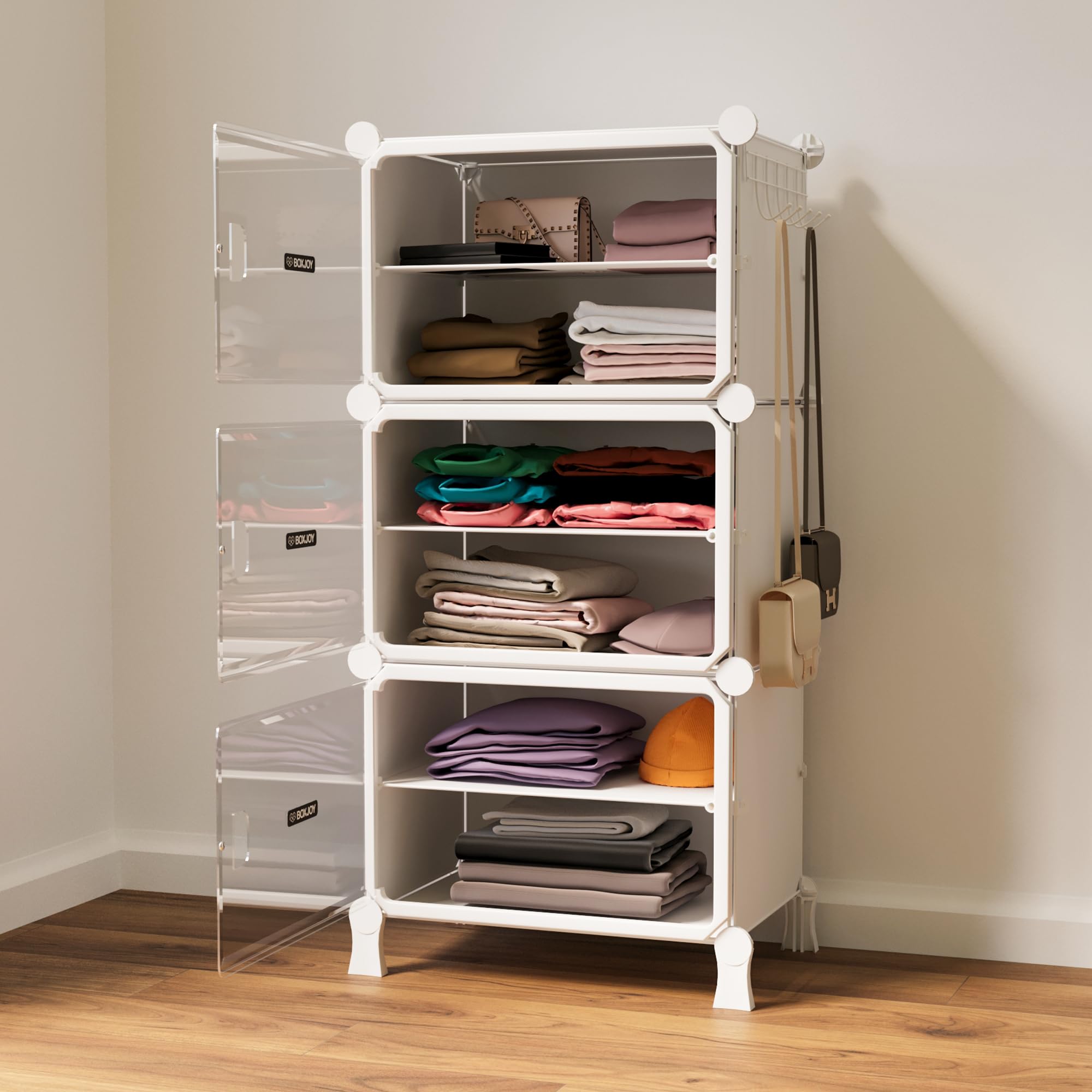 BOXJOY 6 Shelf Cloth Rack Wardrobe Almirah Organizer with 3 Hard Plastic Metal Frame Doors with Magnets & 5 Hook Steel Holder, Foldable Cupboard for Bedroom Kids Storage | White Rack, Transparent Door