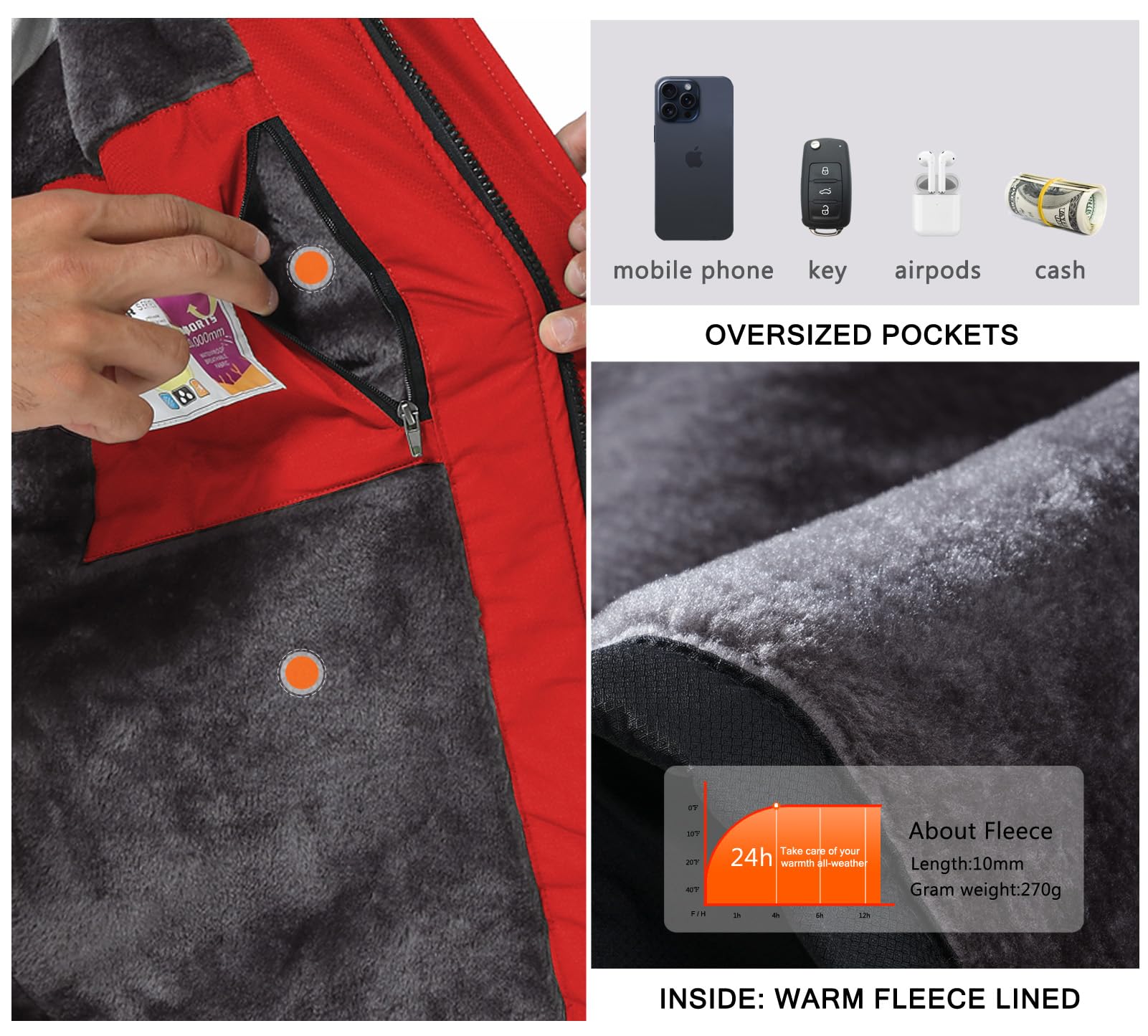 SPOSULEI Chaquetas de esquí para hombre con Hood impermeable forro polar a prueba de viento múltiples bolsillos