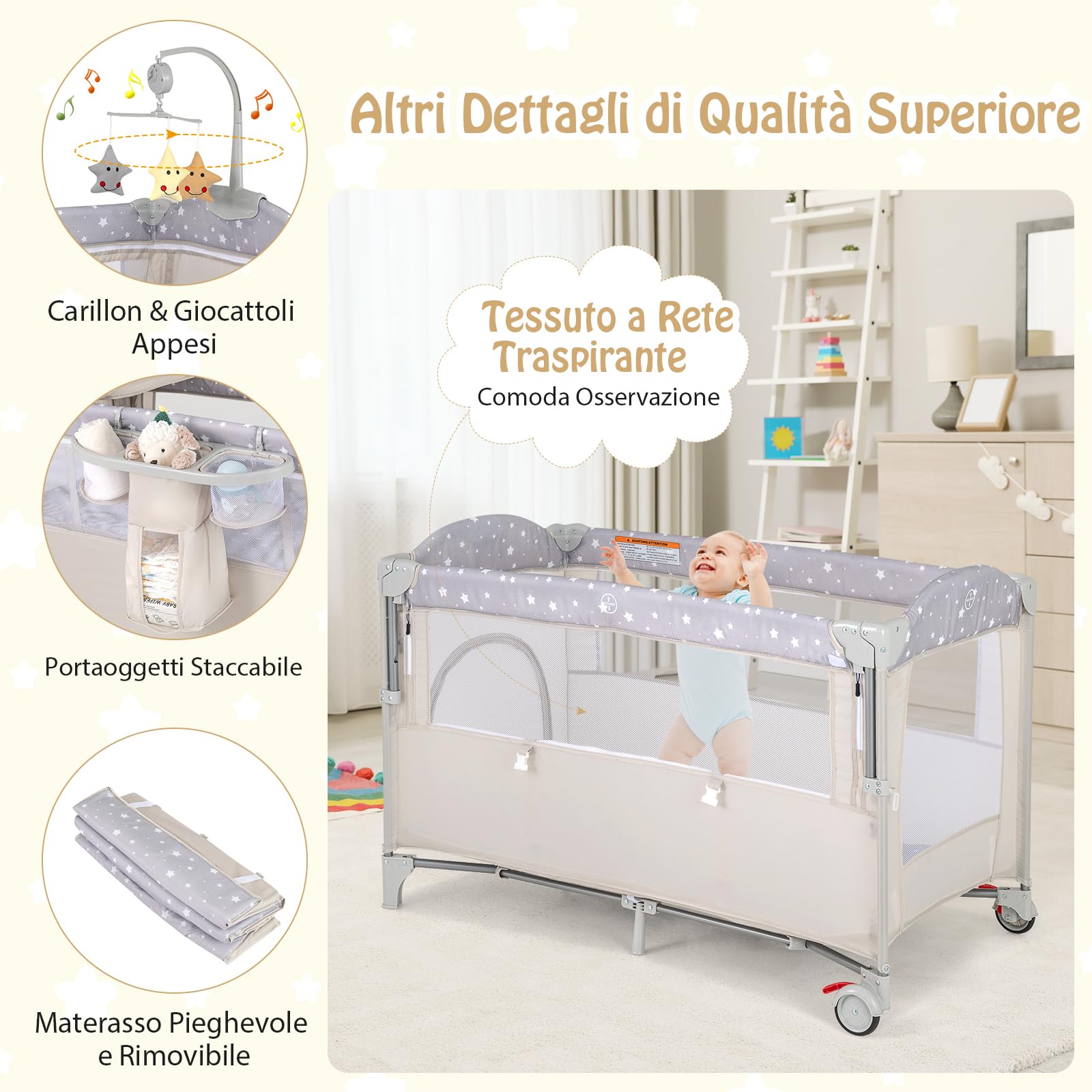 RELAX4LIFE 5 in 1 Lettino da Campeggio per Bambini, Culla Neonato con Fasciatoio e Cingia Fissagio, Carillon e 3 Giocattoli Appesi, Adatto a Bambini da 0 a 36 Mesi (Beige)