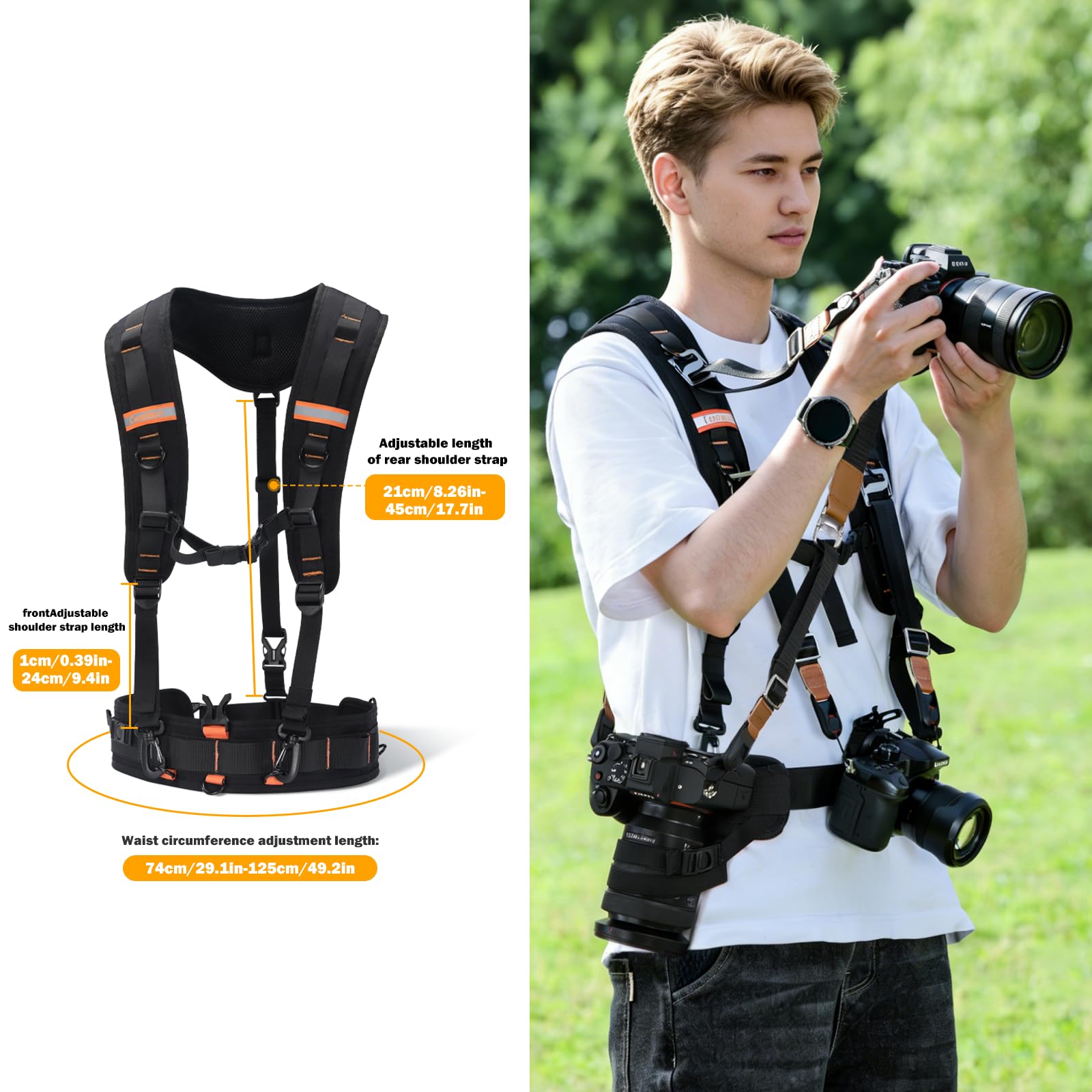 Cwatcun Sangle de caméra réglable pour photographes – Harnais à double épaule multifonctionnel et ceinture de taille pour accessoires d’appareil photo DSLR/SLR et rangement