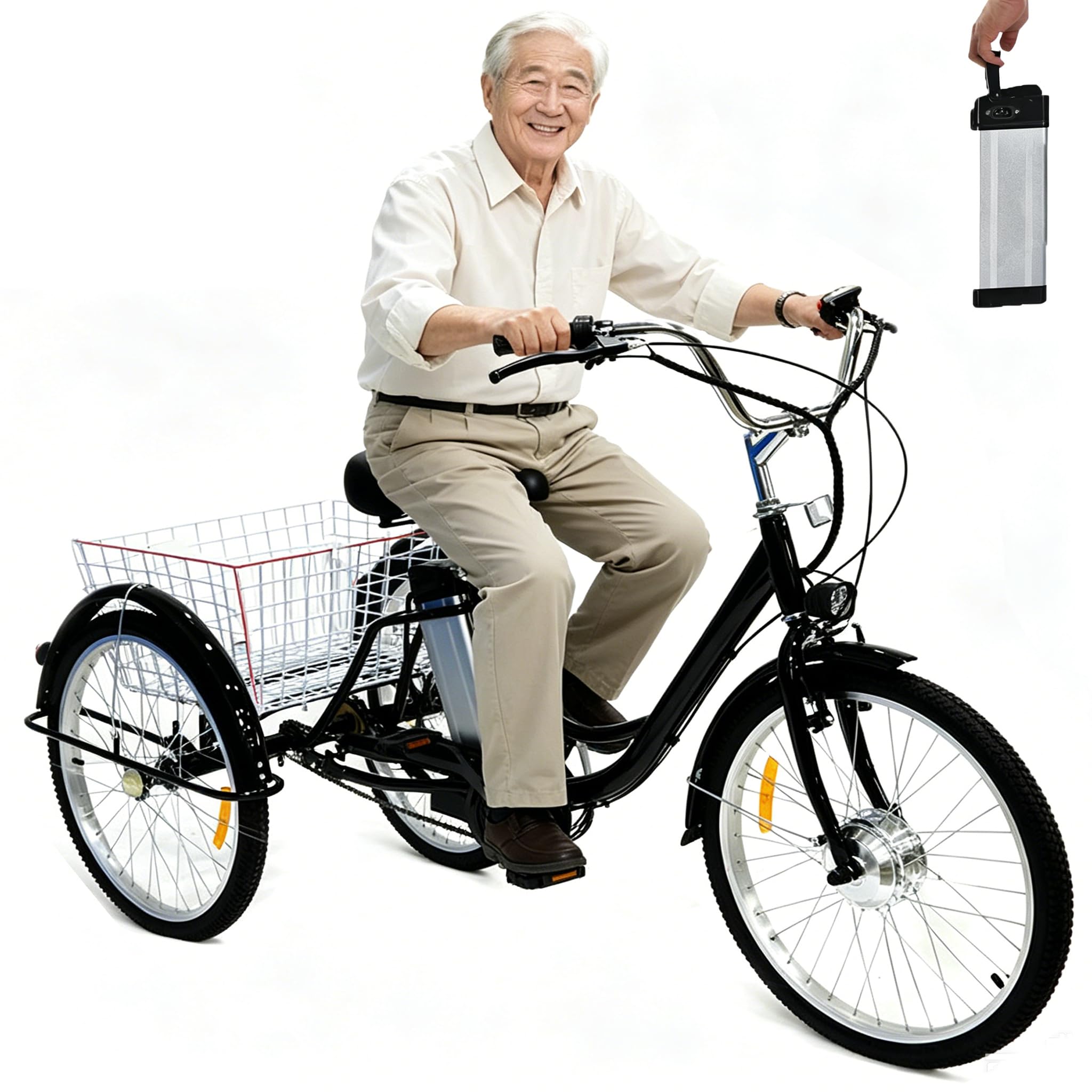 24″ Adult Electric Tricycle, 3 Wheel Electric Trike for Seniors with Storage Basket,Seat Adjustable Height (29.5''-33.4''),150kg Load Capacity,36V/12Ah Removable Battery,Travel Mileage:45km Black