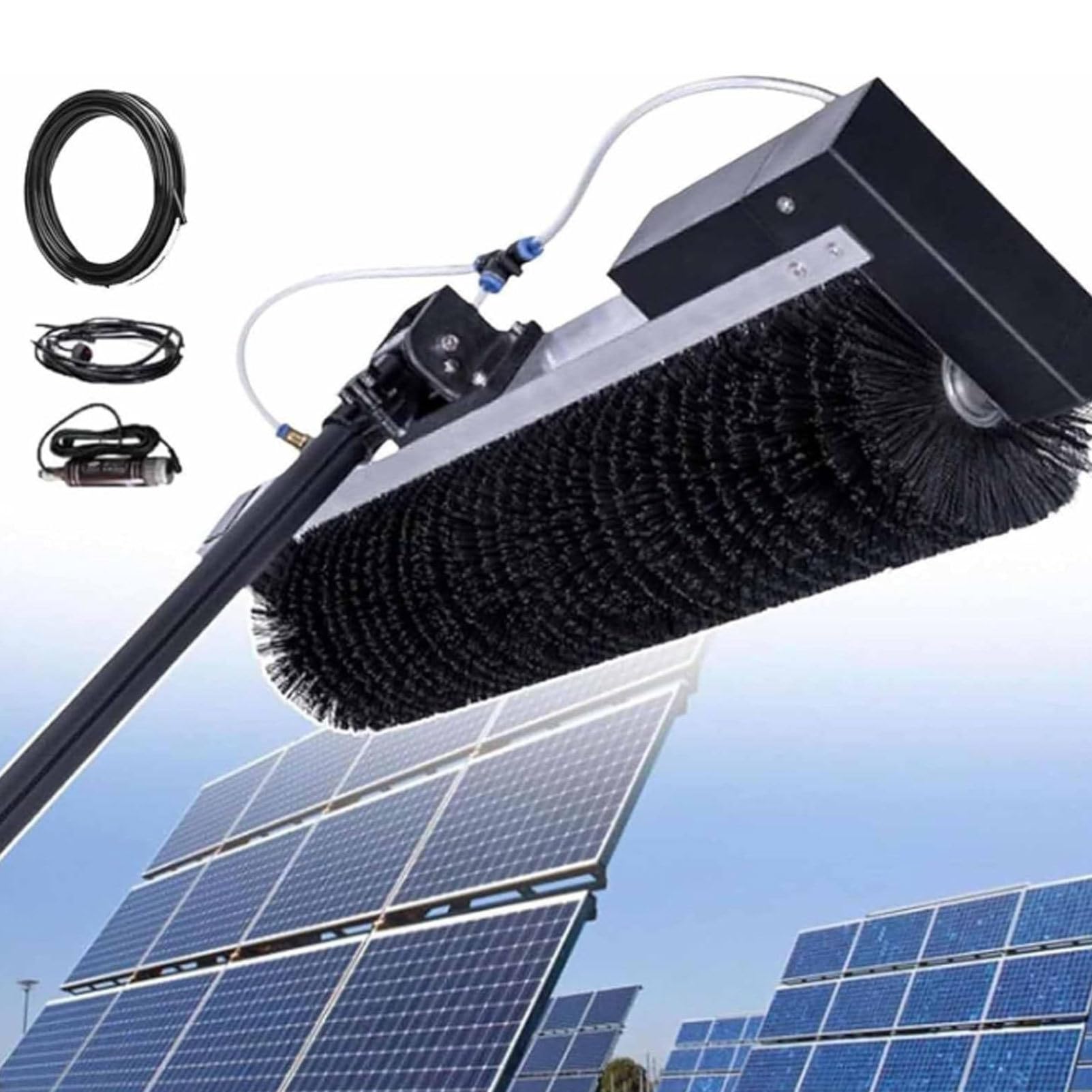 Photovoltaic Panel Electric Cleaning Brush, 600 mm Cleaning Width, Roller Brush for Cleaning Solar Panels Lightweight Telescopic Aluminum Rod, Automatic Water Supply MainsElectricity-3.5m/11.4ft