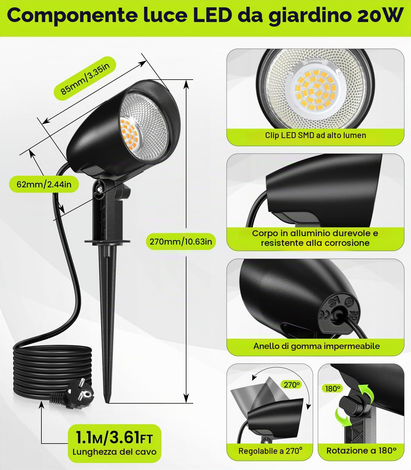 CLV Faretti Da Giardino Con Picchetto 20W 1880LM Alluminio Bianca Calda | Faretto Led da Esterno 2700K Lampade da Esterno IP66 Impermeabile Luci da Giardino da Terra per Cortile Alberi Sentieri