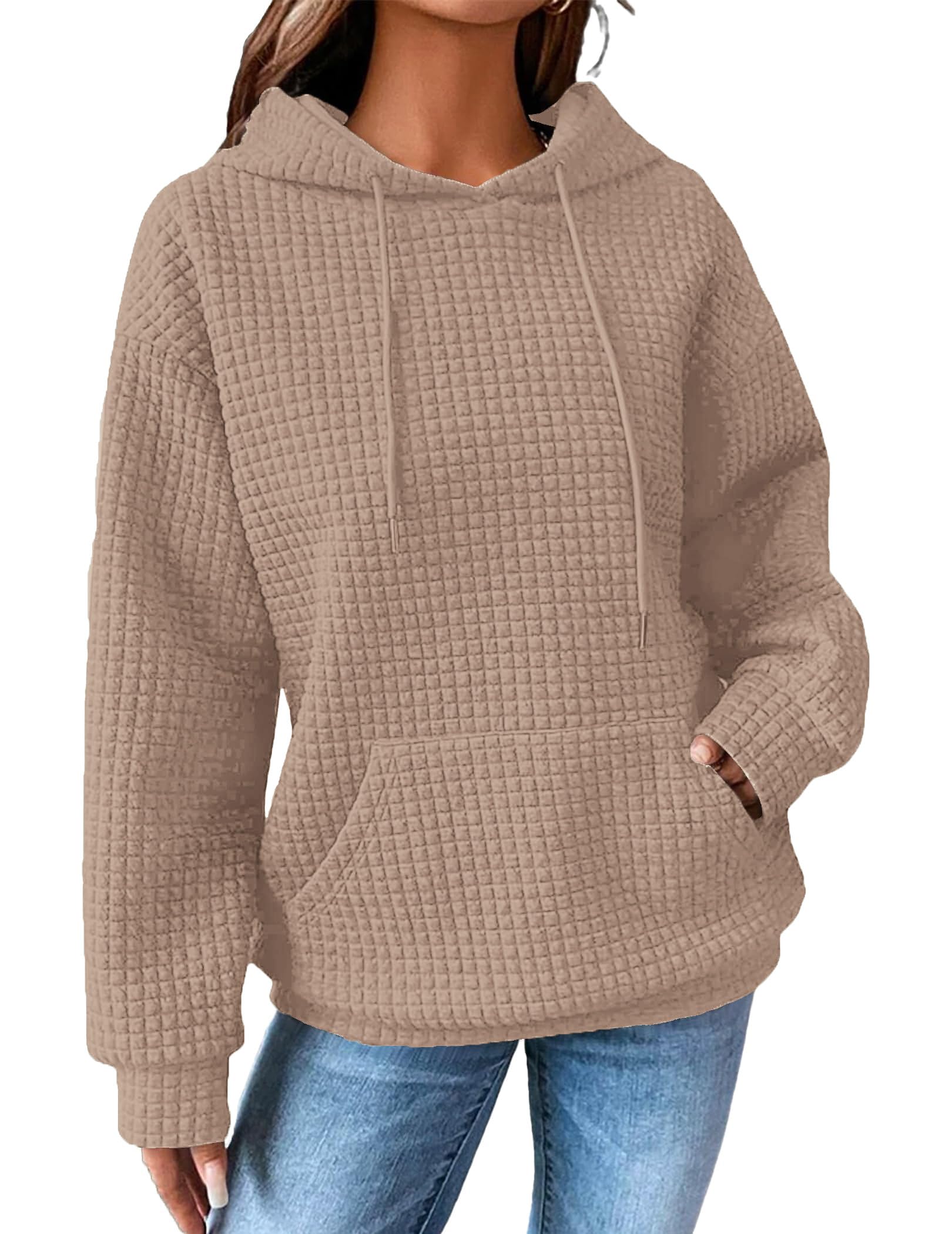 Hoodies for Women Casual Waffle Sweatshirt Long Sleeve Solid Pullover Winter Warm Hoodies Top with Pocket Loose Oversized Hoodie S-XXL