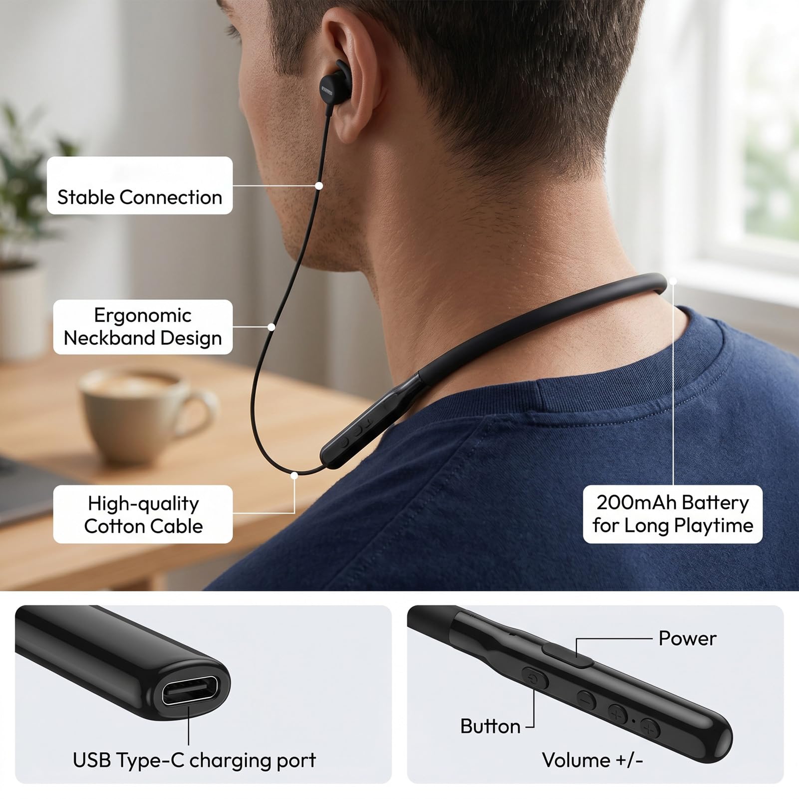 Tangxi Auricolari Bluetooth con Archetto da Collo, Auricolari Wireless Ricaricabili Ad Alto Volume con Cancellazione del Rumore per Guardare la TV Conversazioni Musica Sport Chiamate in (BLACK)