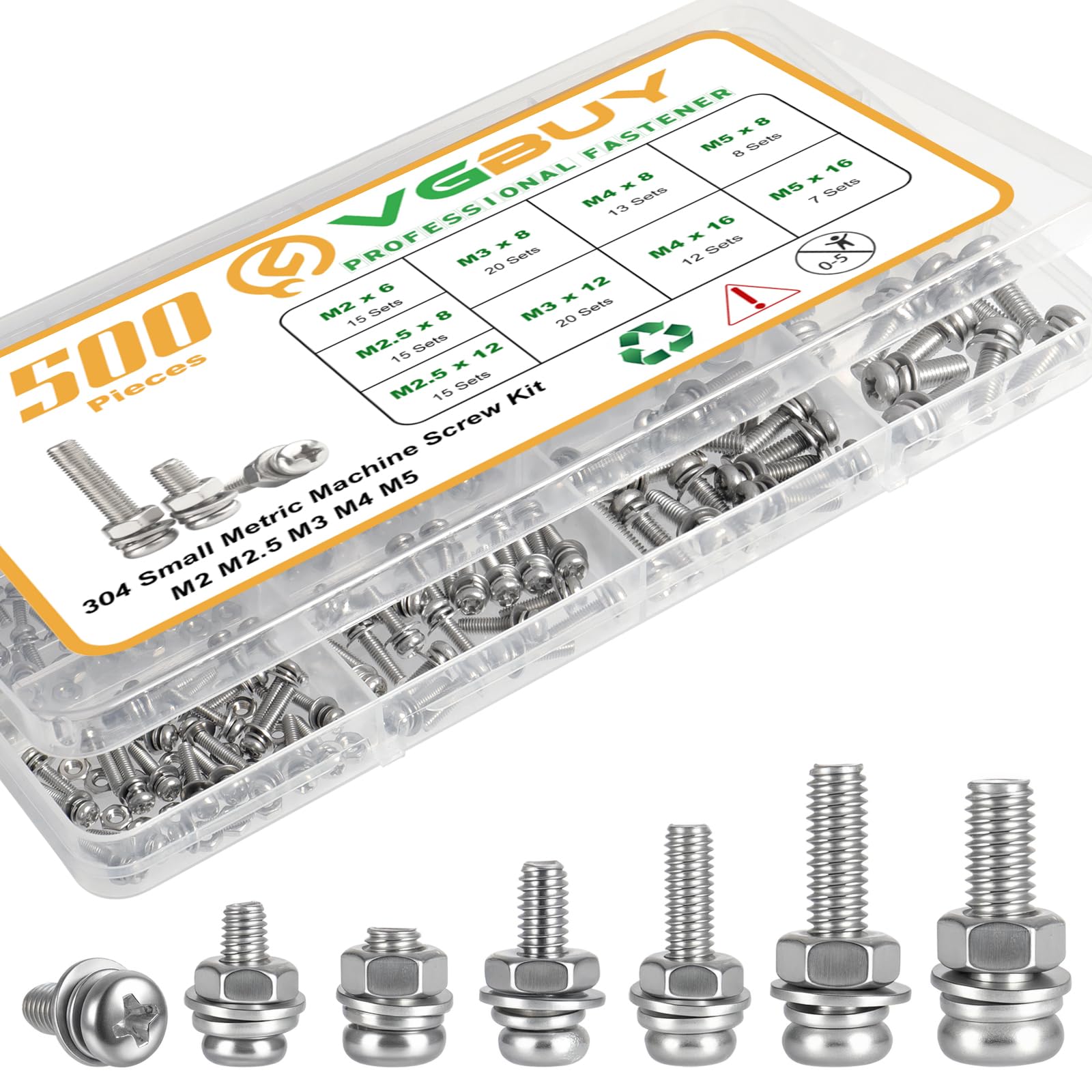 VGBUY 500Pcs Stainless Steel Nut and Bolt Assortment Kit, M2 M2.5 M3 M4 M5 Small Metric Machine Screws, Multipurpose Hardware Set for DIY Projects,