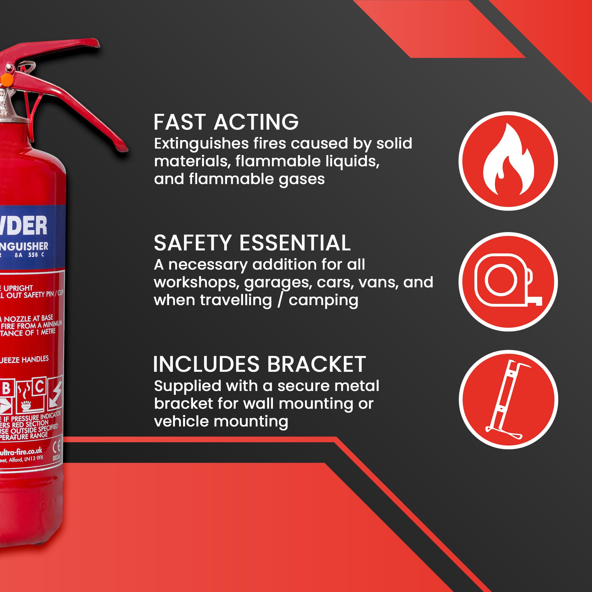 UltraFire 1kg Powder Fire Extinguisher - Car, Taxi, Caravan, Camping, Boat - Kitemarked EN3 — view 4