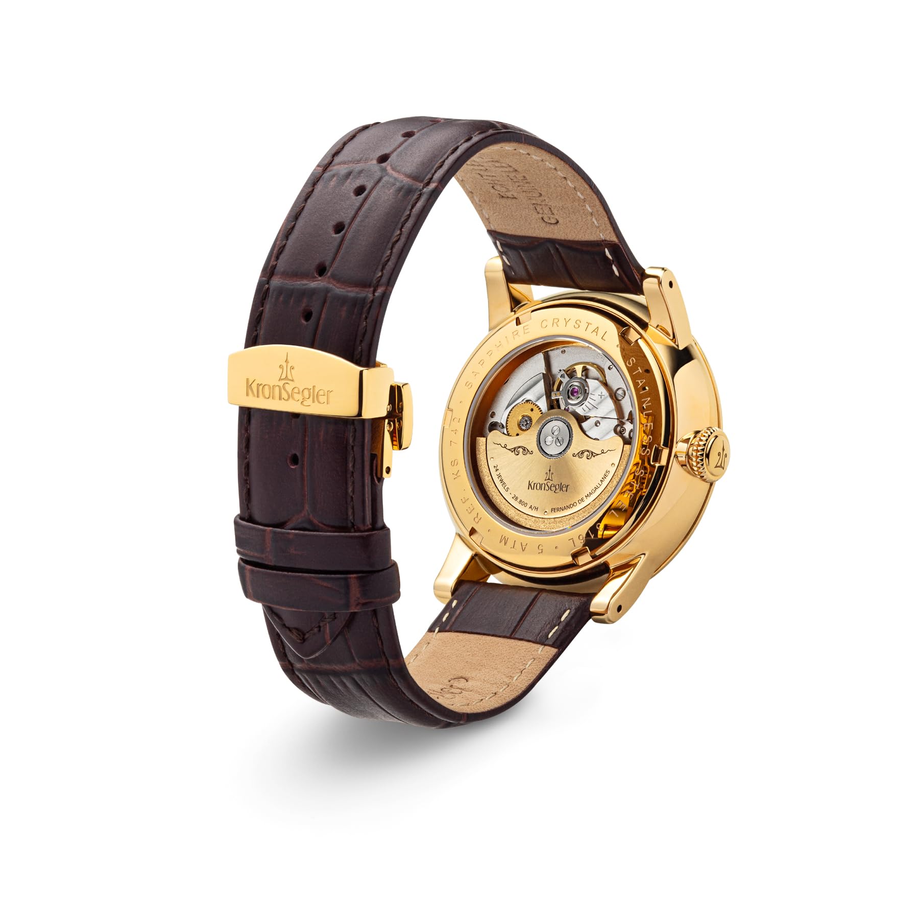 Kronsegler Fernando de Magallanes Orologio da uomo oro – bianco | Orologio automatico con Flyer GMT – secondo fuso orario | con vetro zaffiro, cinturino in pelle e fibbia deployante