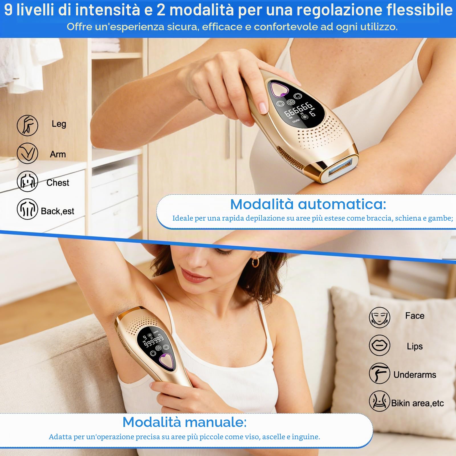Dispositivo di depilazione IPL senza dolore, sistema di raffreddamento 6℃, 3 funzioni in 1 (HR/SC/RA), 999.900 impulsi, 9 livelli di energia, adatto a donne e uomini per viso, ascelle, braccio e