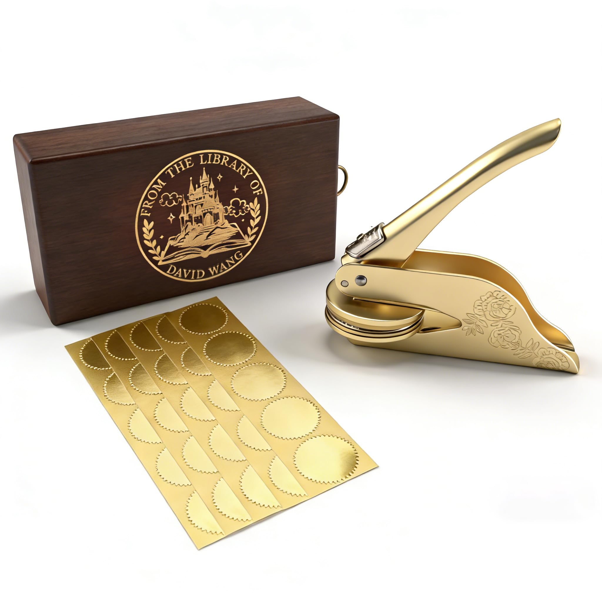 Prägestempel Personalisiert, Mit 100 Aufkleber, Buchpräger mit eigenem Logo, Messing, mit robustem Stahlgehäuse, für Bücher, Bibliothek, Hochzeit Einladung, Umschläge, Notarsiegel