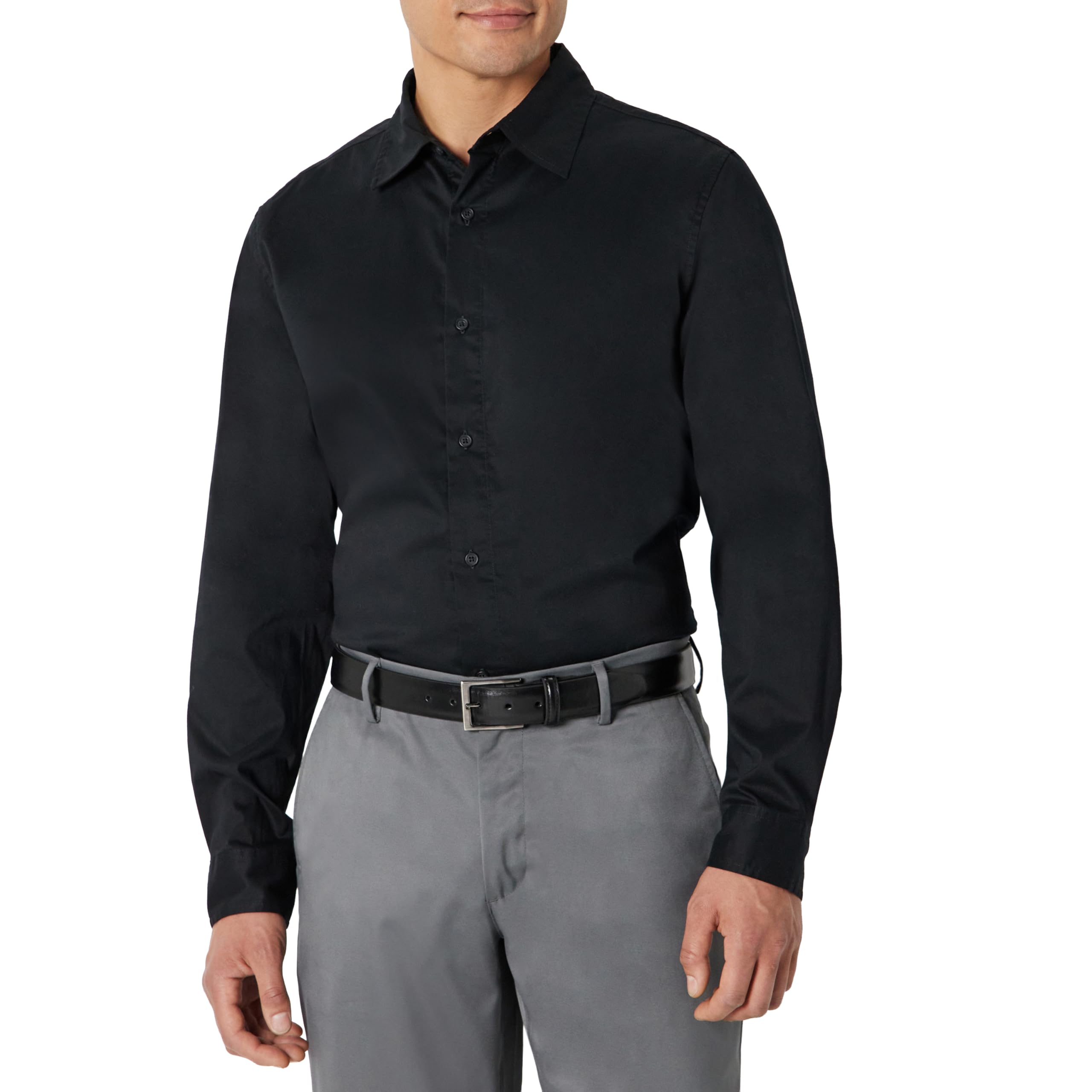 Amazon Essentials Men's Slim-Fit Long-Sleeve Stretch Dress Shirt, Black, Small