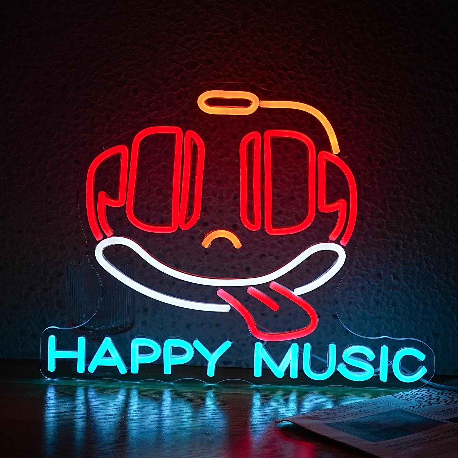JLEWUINH Happy Music Neon Sign Dimmable Led Microphone Neon Light for Wall Decor USB Cute Headset Neon Light Sign for Music Studio Bar Live House