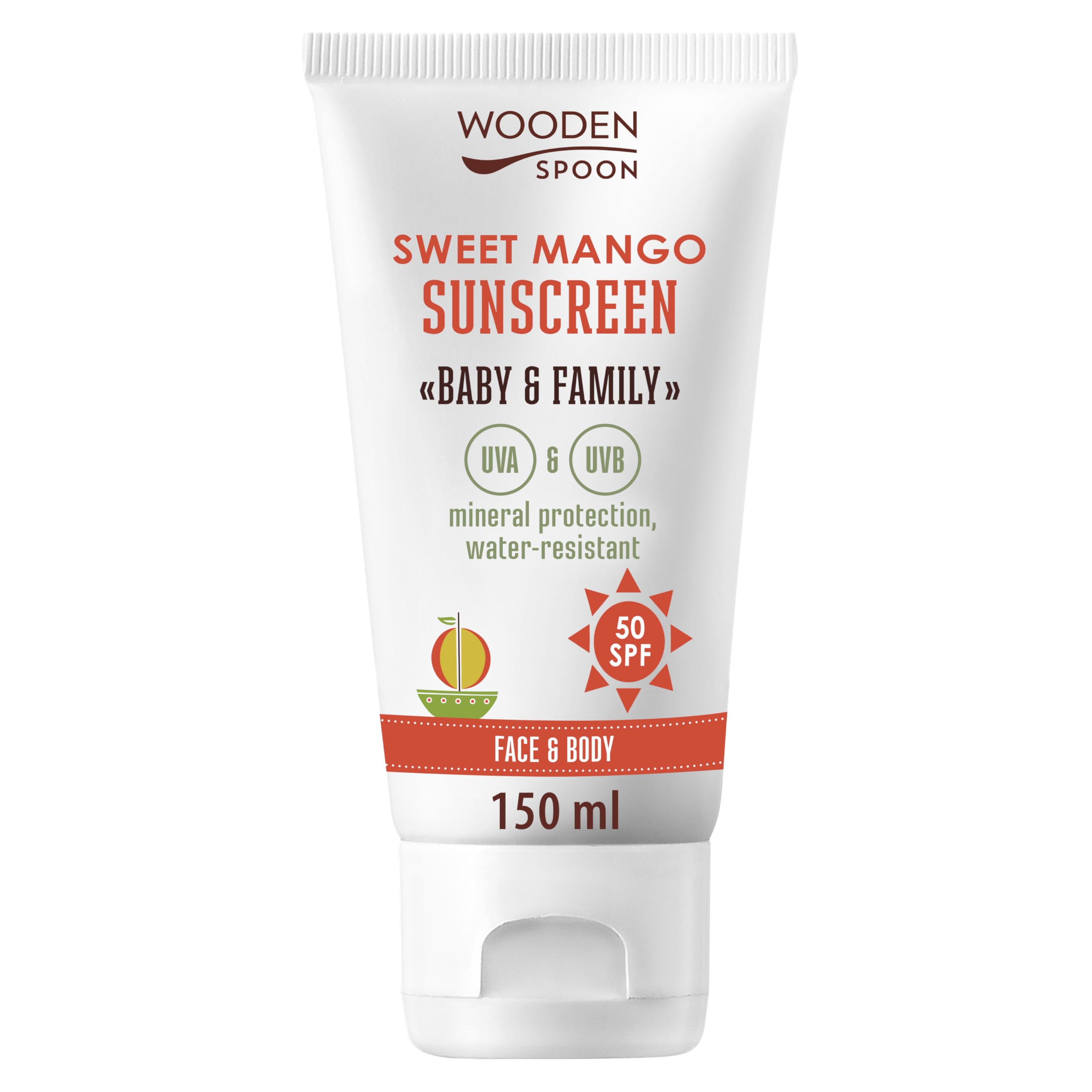 Wooden Spoon Crème Solaire Bio Bébé & Famille “Sweet Mango” SPF 50 – 100% Naturelle, Zinc Invisible, Sans Trace Blanche, Hypoallergénique, Vegan, Résistante à l’eau – 150 ml