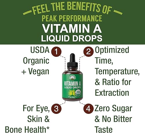 Miniatura 2 de Suplemento orgánico de gotas líquidas de vitamina A del USDA. Alta biodisponibilidad vegana para la salud de los ojos, la piel y los huesos. Para