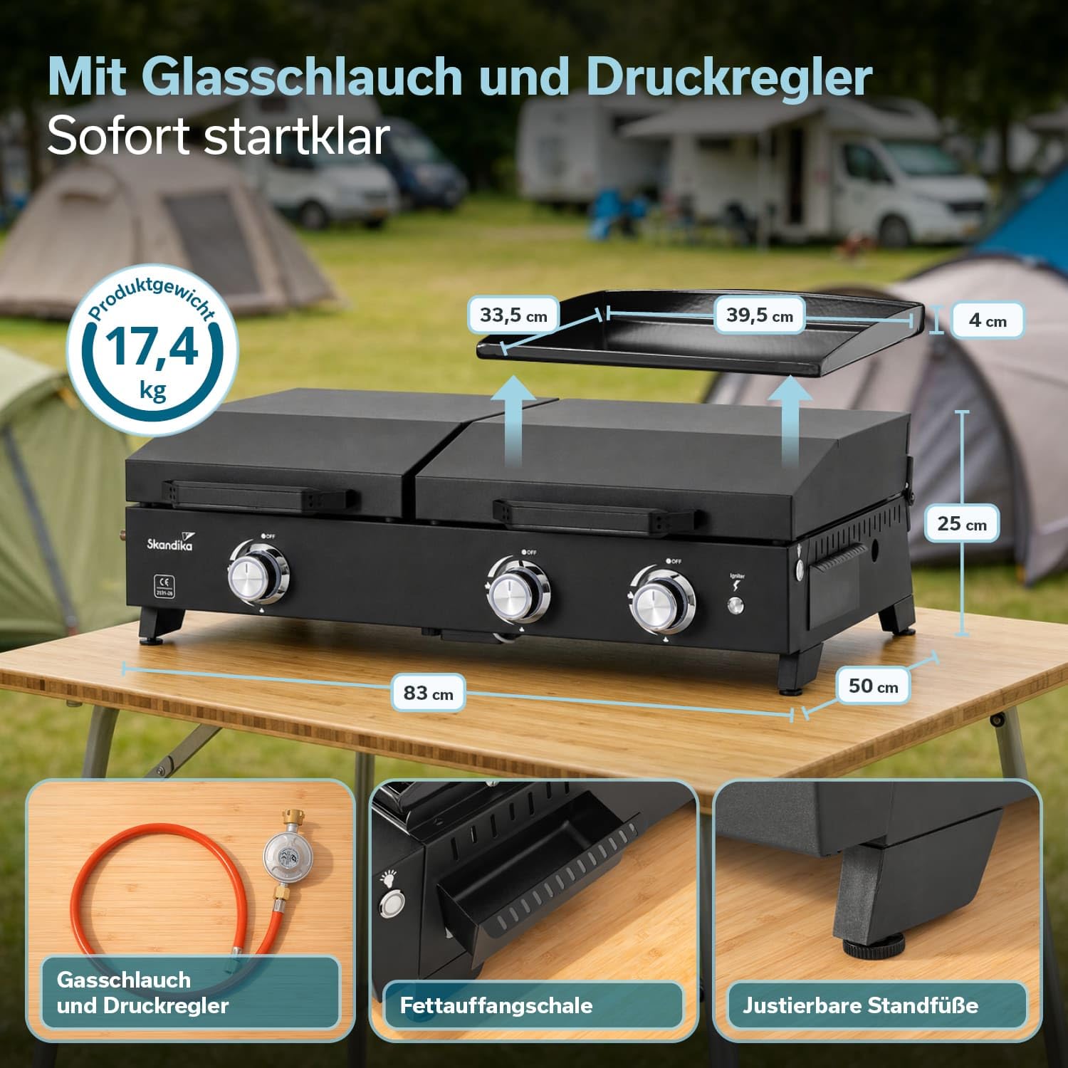 Skandika Plancha Grill Eldur 3-Brenner Plus | Grillplatte mit Deckel, 3 Brenner, tragbarer Gasgrill mit Kochplatte, Outdoor, Camping | Gasplancha, Grillplancha, Gasbräter, Balkongrill, Tischgrill