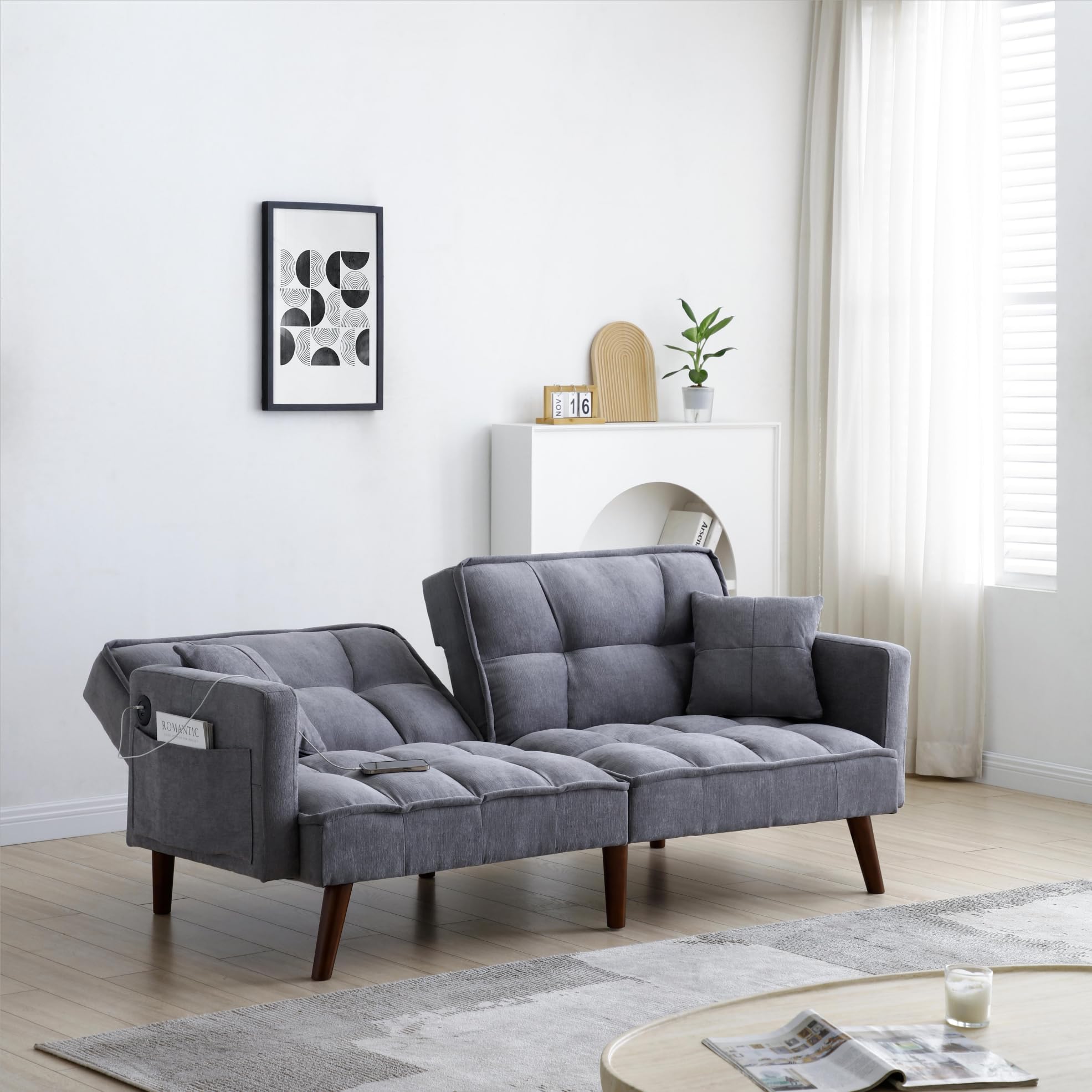 Convertible Futon Sofa Bed 75” Loveseat Sofa with USB Port,Chenille