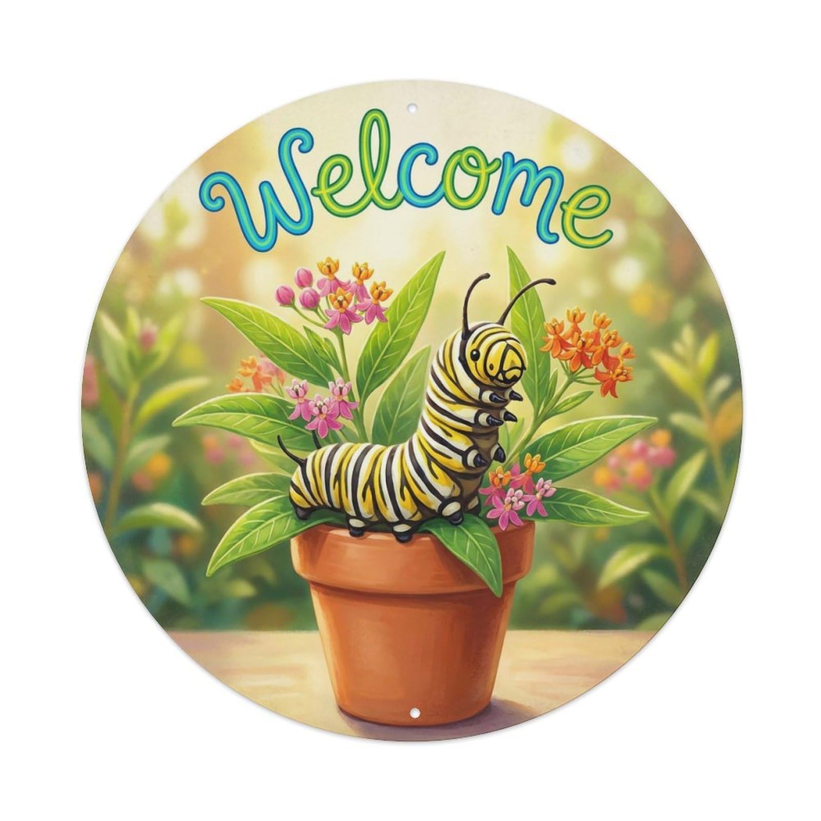 Okahys 8X8inch(20X20cm) Welcome Caterpillar Milkweed Metal Tin Sign