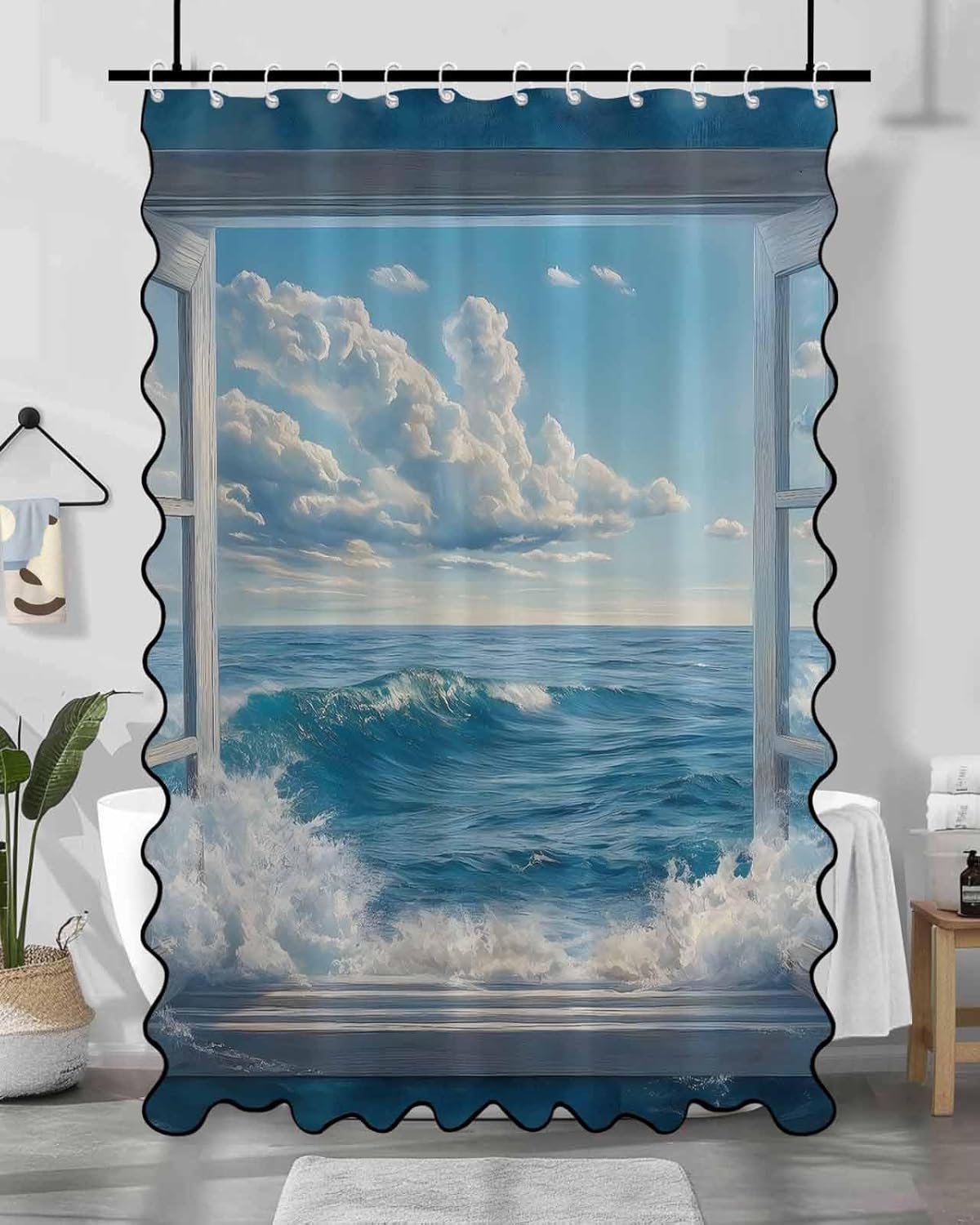 Shower Curtain with Black Scalloped Edge for Bathroom, Blue Ocean Glass Window with Sea Pattern Cloth Shower Curtain, Washable Waterproof Fabric Shower Curtain Bathtub Decor 48x72in