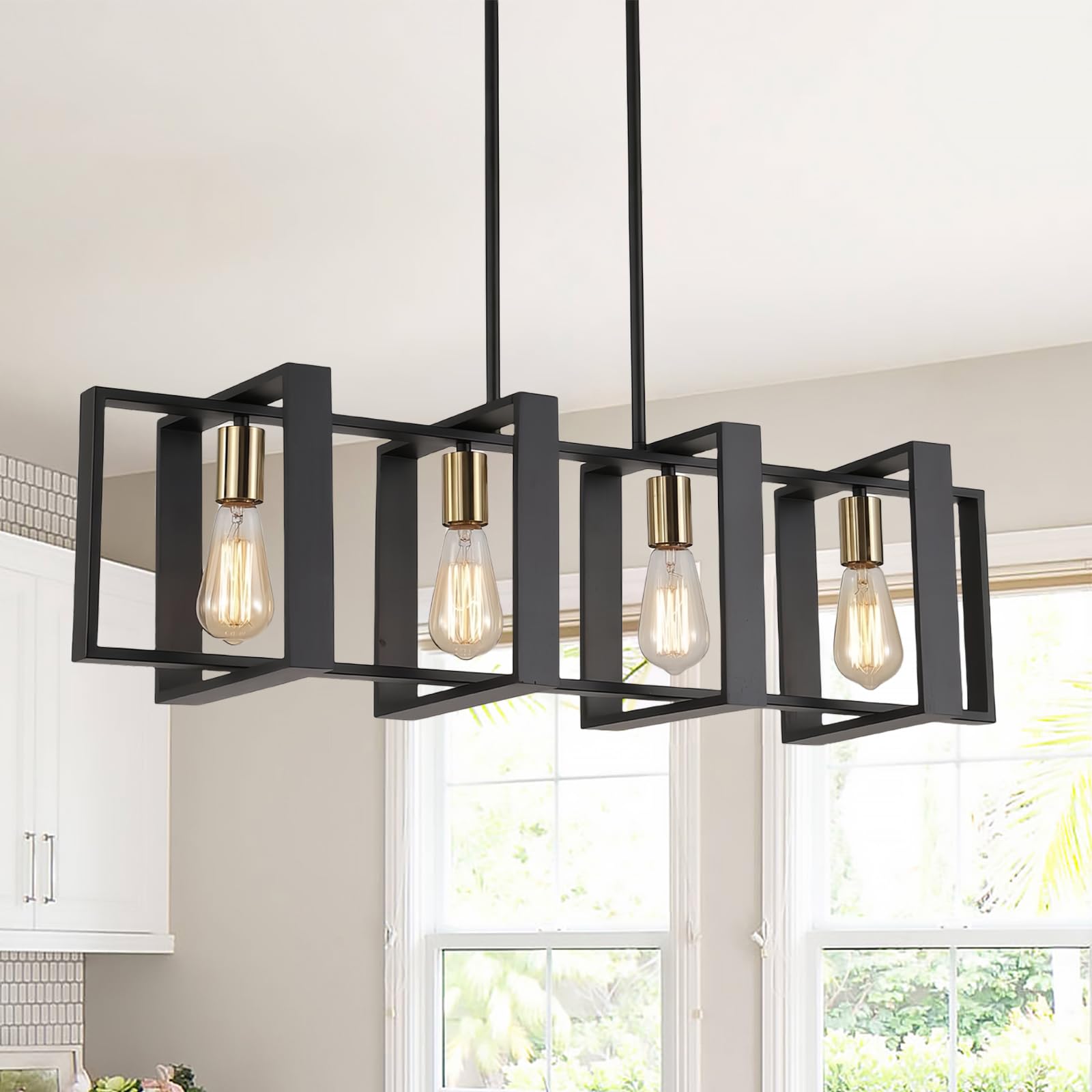 HTsilphelene lampadari da cucina, lampadario della tavola da pranzo, lampadari da cucina per la sala da pranzo il salone, corridoio del foyer, struttura di legno. (Nero,4 luci)