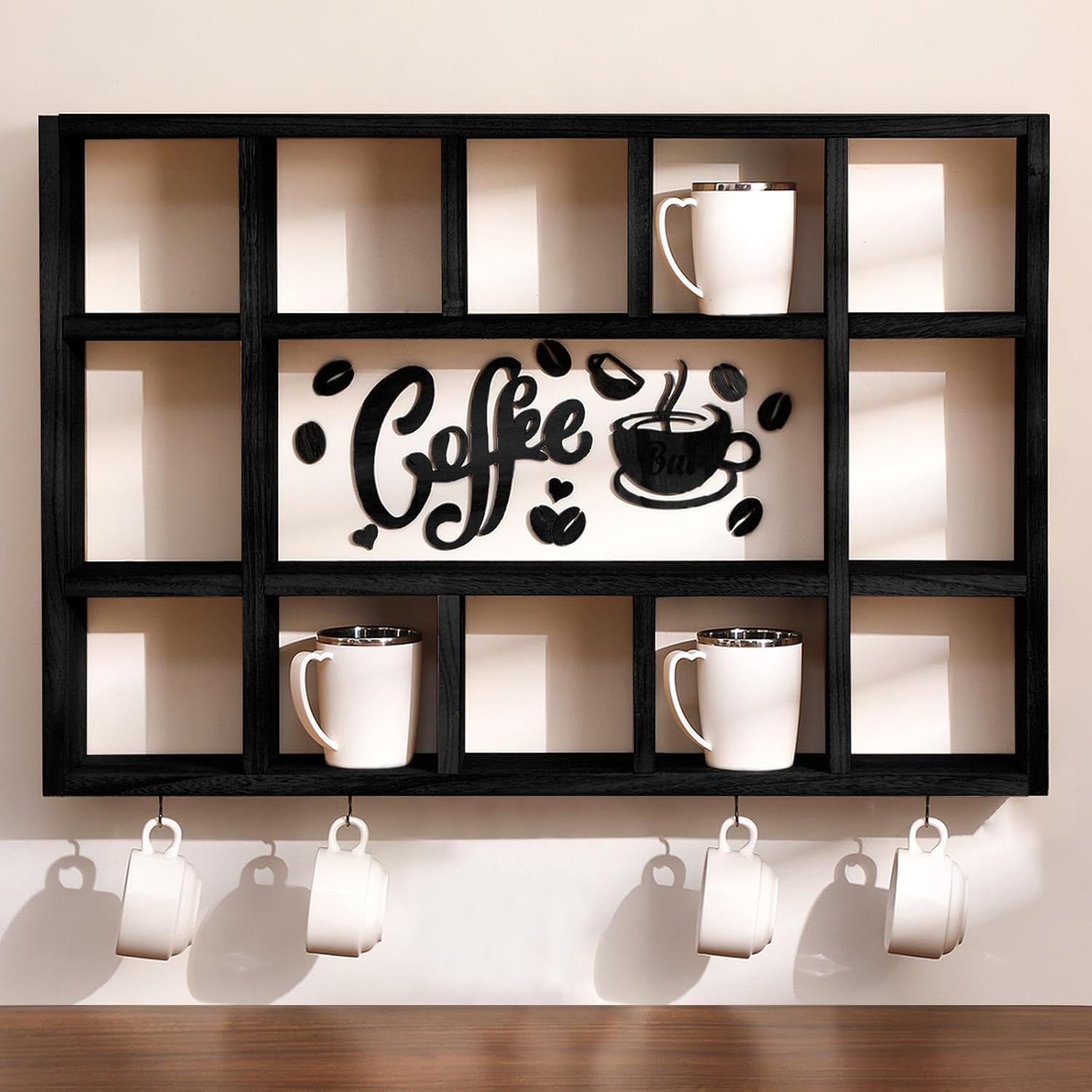 Oversize Coffee Mug Display Shelf for Wall Wood Coffee Mug Holder Hooks Organizer Wall Mounted Rack with Bar Sign Decor for Kitchen Station Bar Accessories(Black)