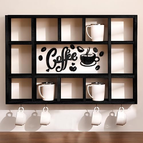 Cinnvoice Oversize Coffee Mug Display Shelf for Wall Wood Coffee Mug Rack Wall Mounted Shelf Cubes Cup Hooks Hanger with Bar Sign Decor for Kitchen Station Bar Accessories(Black)