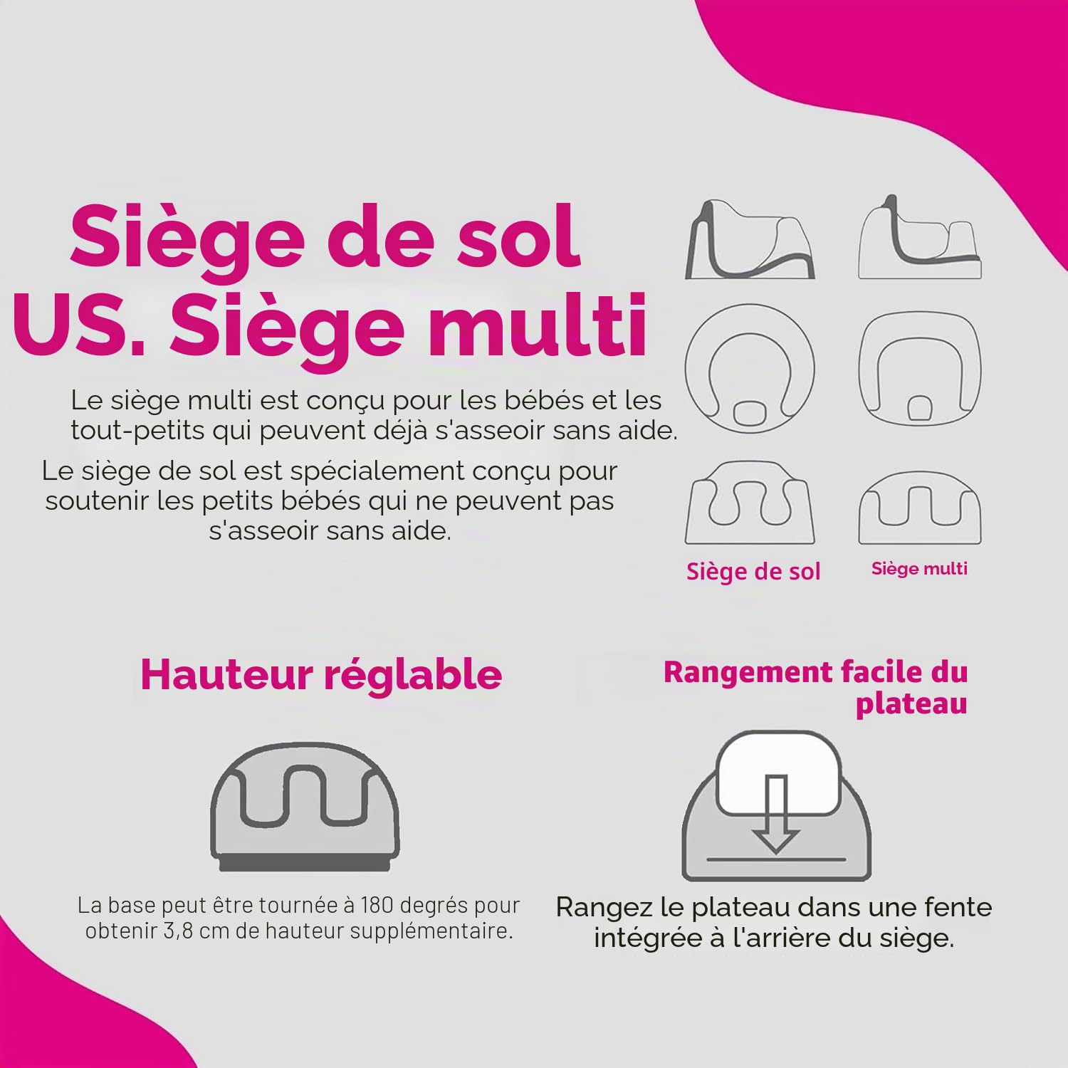 Bumbo Rehausseur avec plateau amovible pour chaise de salle à manger avec harnais de sécurité pour les tout-petits et bébés de 6 à 36 mois - Multifonction - Taupe
