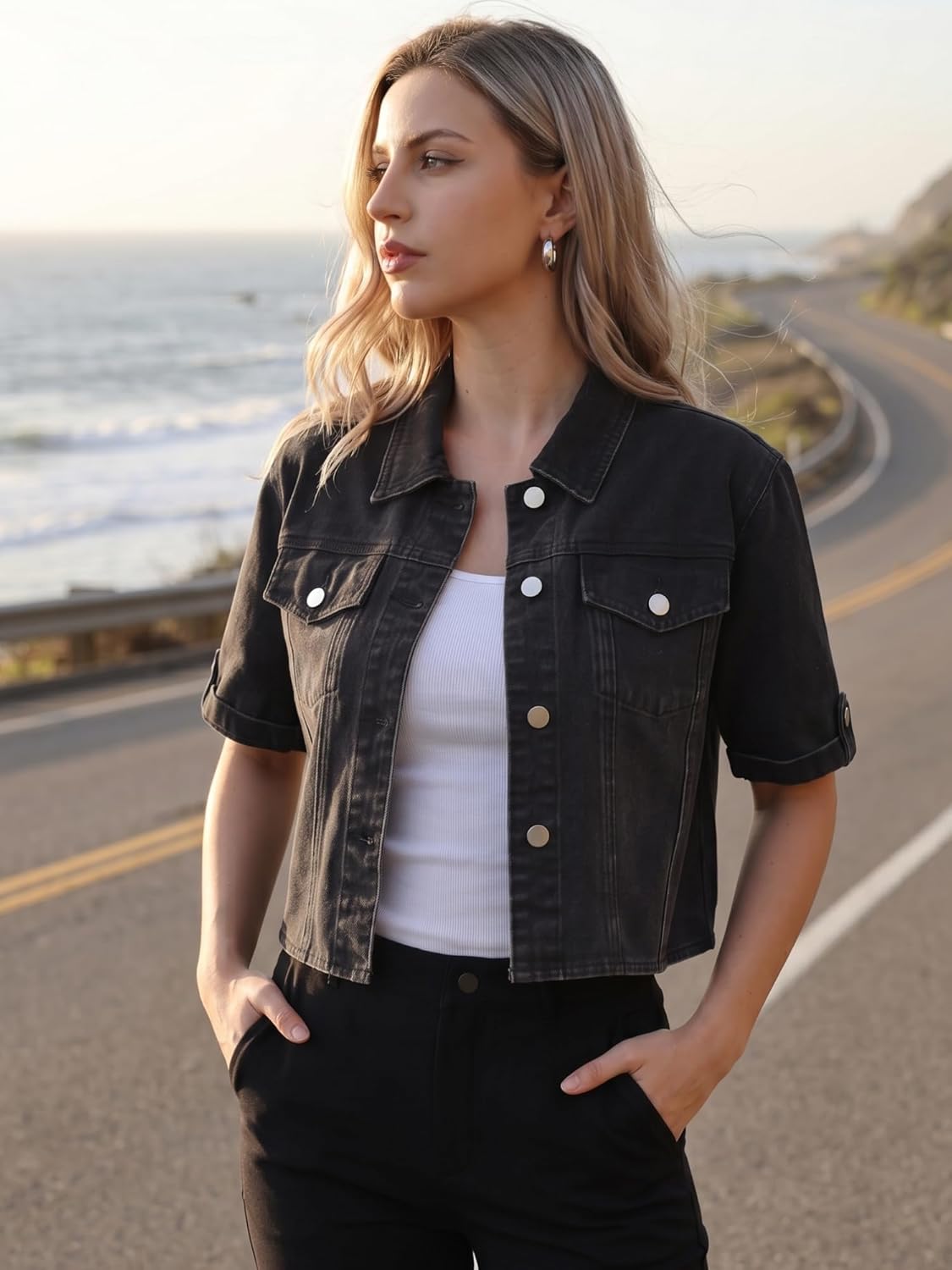Womens Summer Short Sleeve Denim Jackets Collared Button Up Cropped Jean Jacket