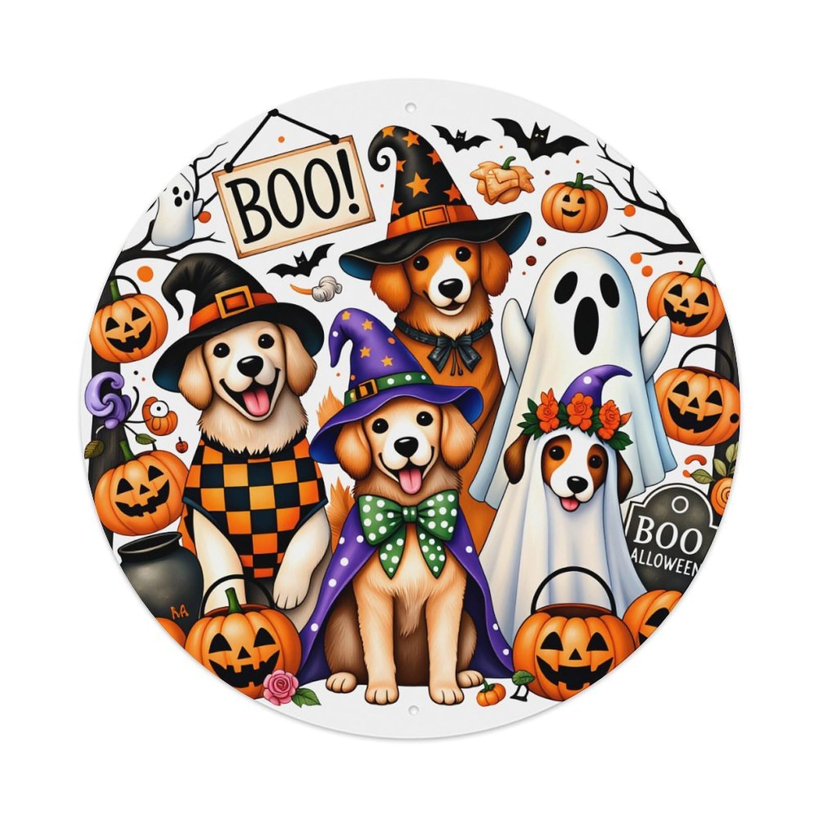 Halloween Dogs Costume Pumpkins Ghost Metal Tin Sign Vintage Garden Bedroom Cafe Bar Man Cave Home Wall Decor Metal Poster 8x8 inches