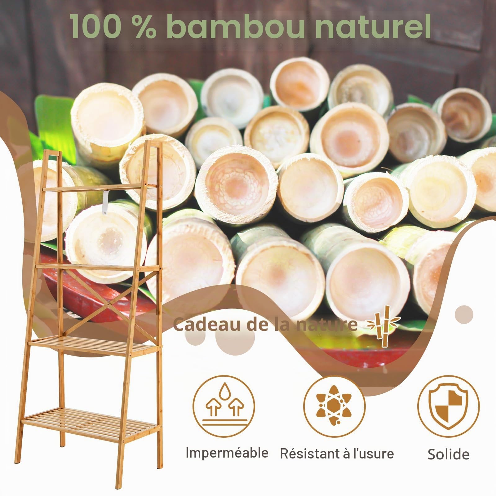 HOMASIS Étagère multifonctionnelle en bambou, porte-livres, 4 niveaux, 60 x 35,5 x 148 cm, naturel